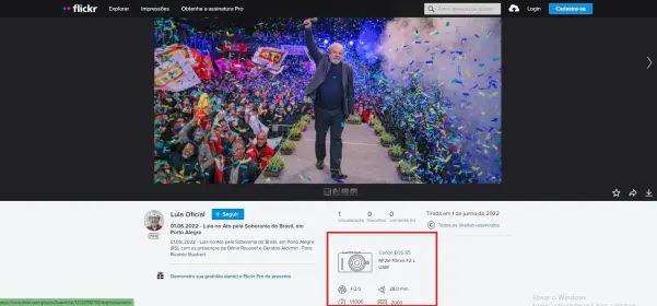 As informa&ccedil;&otilde;es de captura da foto no Flickr oficial de Lula