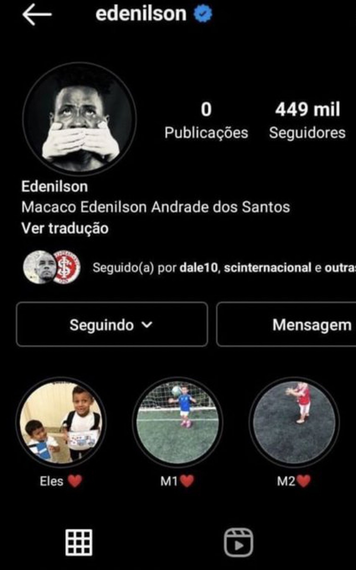 Edenilson mudou seu nome no Instagram para "Macaco"