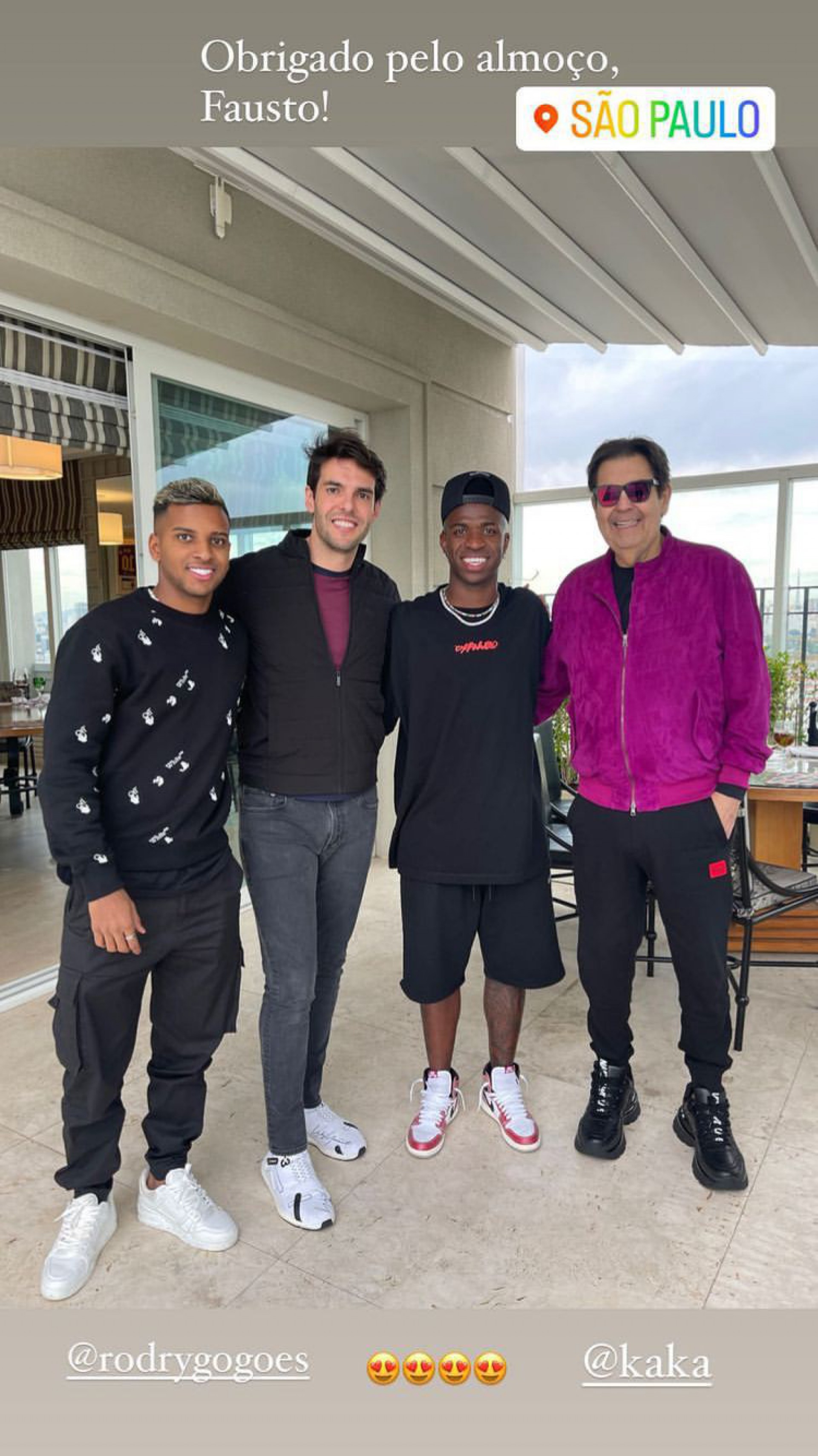 Rodrygo, Kaká, Vinicius Júnior e Faustão, em São Paulo - Reprodução/Instagram Vini Jr
