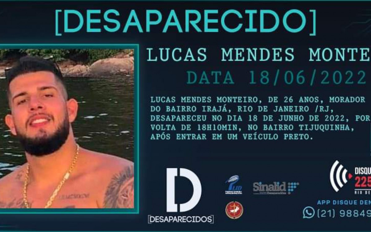 Disque Den&uacute;ncia publicou um cartaz em busca de informa&ccedil;&otilde;es sobre o desaparecimento de Lucas Mendes, de 26 anos