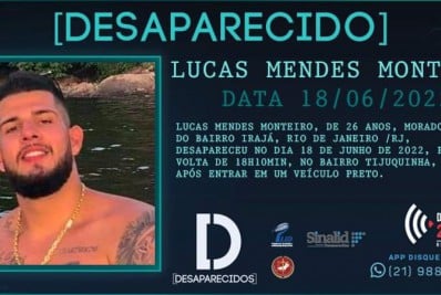 Disque Denúncia publicou um cartaz em busca de informações sobre o desaparecimento de Lucas Mendes, de 26 anos - Divulgação