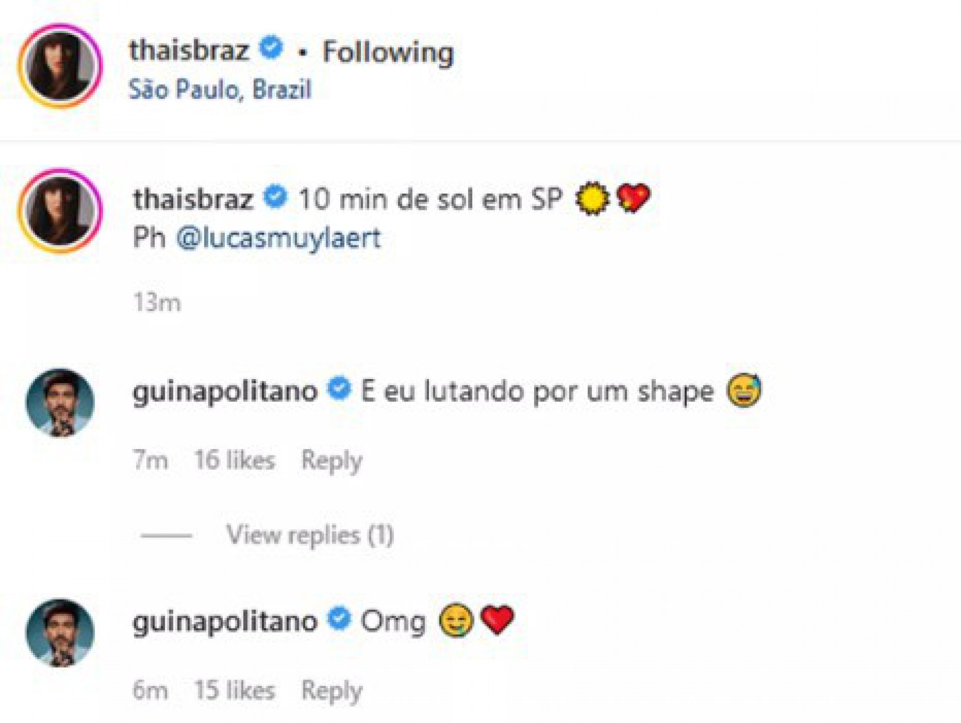 O comentário de Gui Napolitano em post de Thais Braz - Reprodução/Instagram