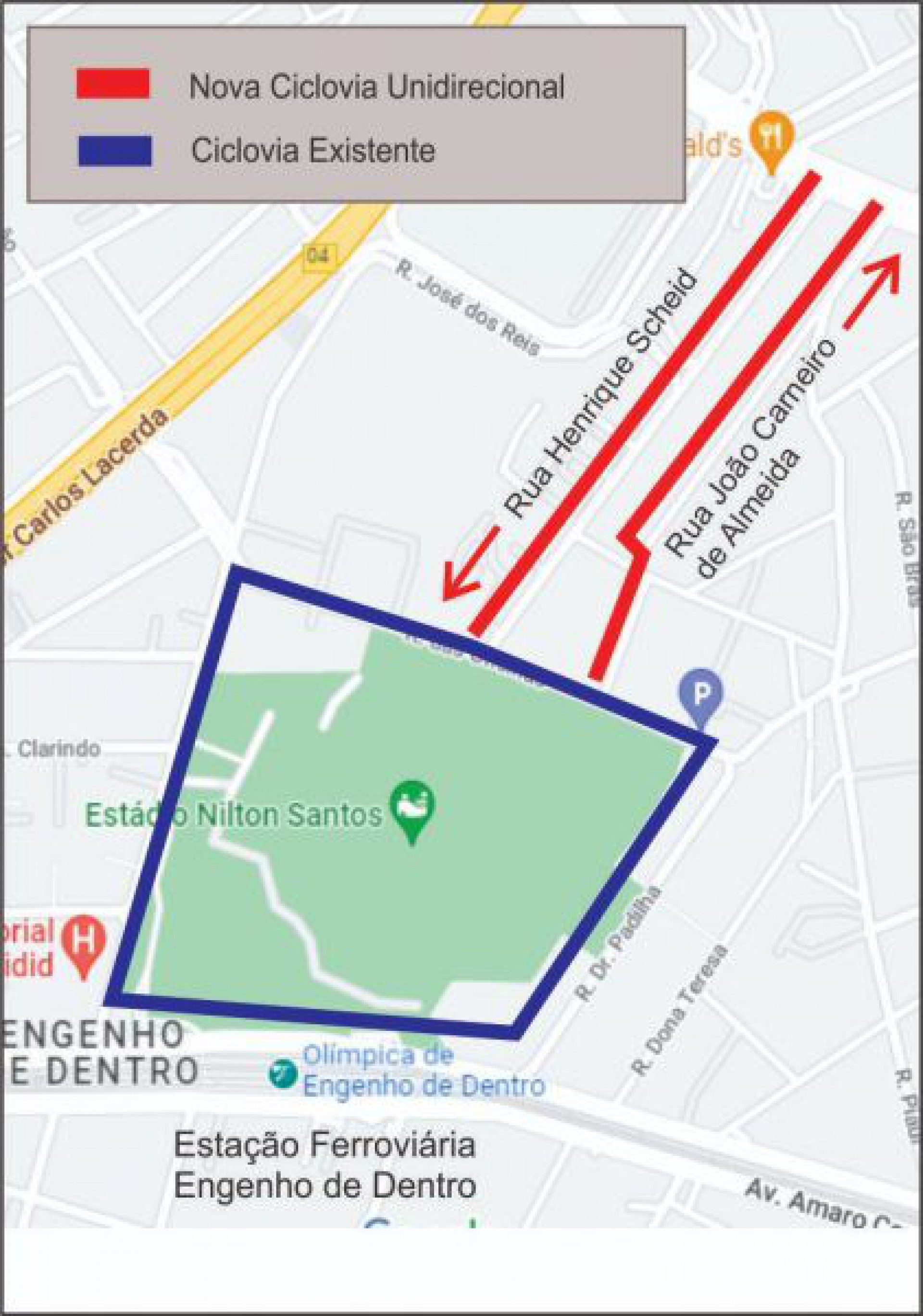 Proposta de rota cicloviária em Engenho de Dentro  - Divulgação/CET-Rio