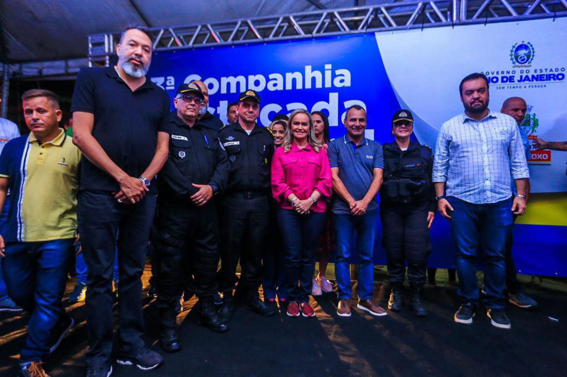 O deputado estadual Márcio Canella; Comandante do 3° CPA coronel PM Ricardo Arlem de Gouvêa Mattos; subsecretário de gestão operacional da PM, coronel Rogério Quemento  Lobasso; deputada federal Daniela do Waguinho; prefeito Waguinho; comandante do 39º BPM, Daniele Neder, e o governador Cláudio Castro, na inauguração da Companhia Destacada  - Rafael Barreto / PMBR