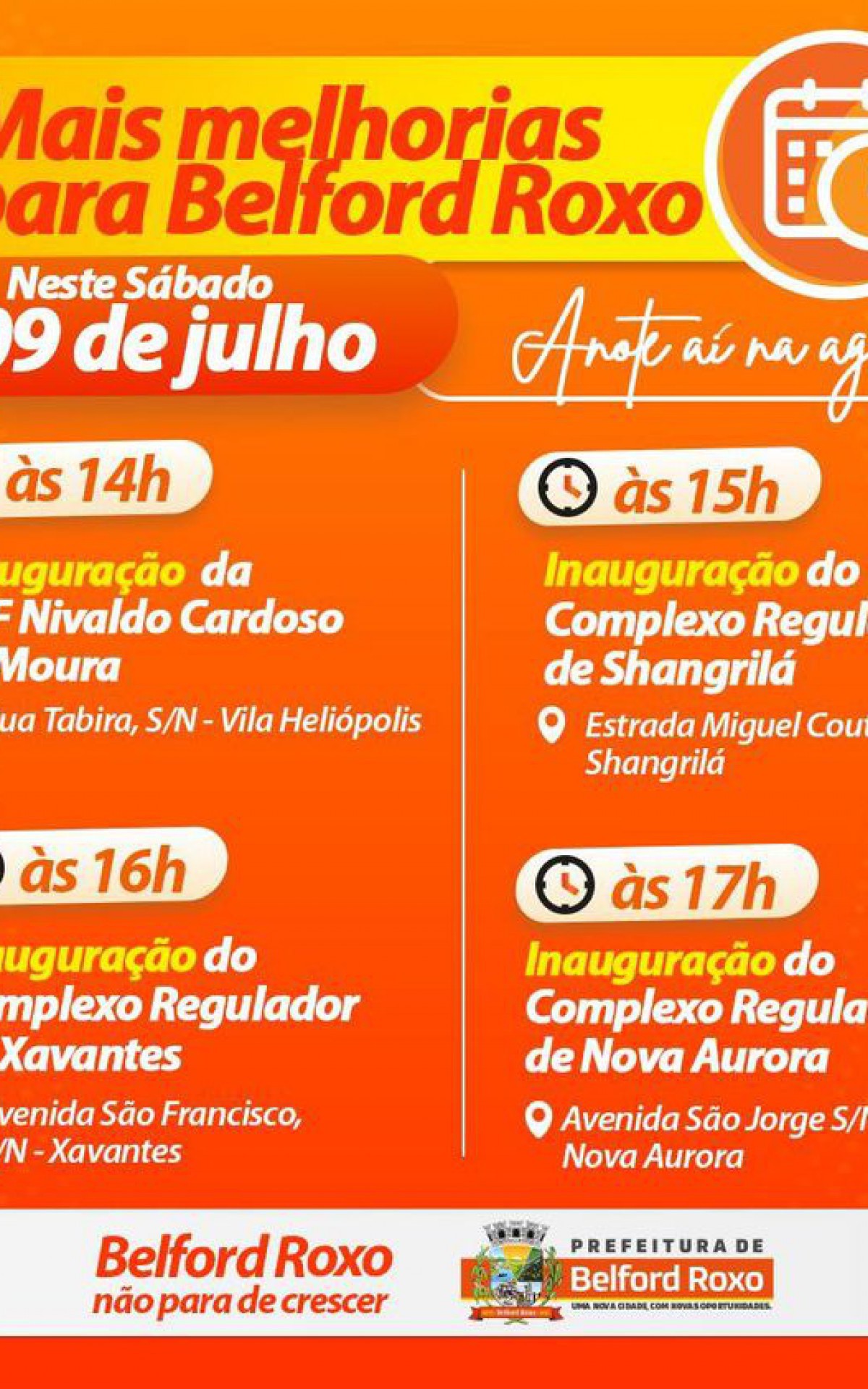 Tamb&eacute;m ser&atilde;o inaugurados, a partir das 15h, os complexos reguladores de Shangril&aacute;, Xavantes e Nova Aurora. As tr&ecirc;s unidades ir&atilde;o refor&ccedil;ar o atendimento na &aacute;rea da Sa&uacute;de