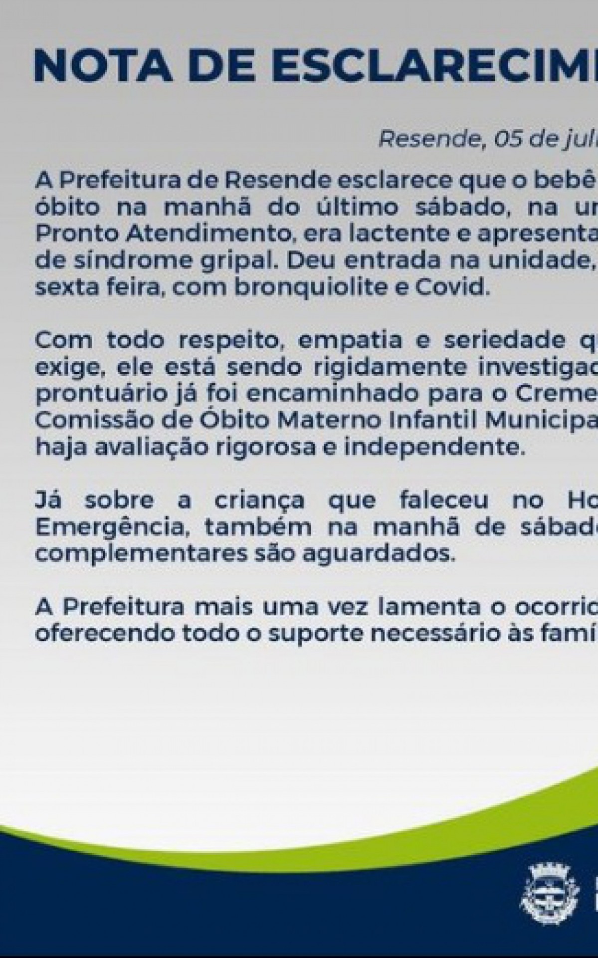 Nota de esclarecimento da prefeitura de Resende - 05/07/2022