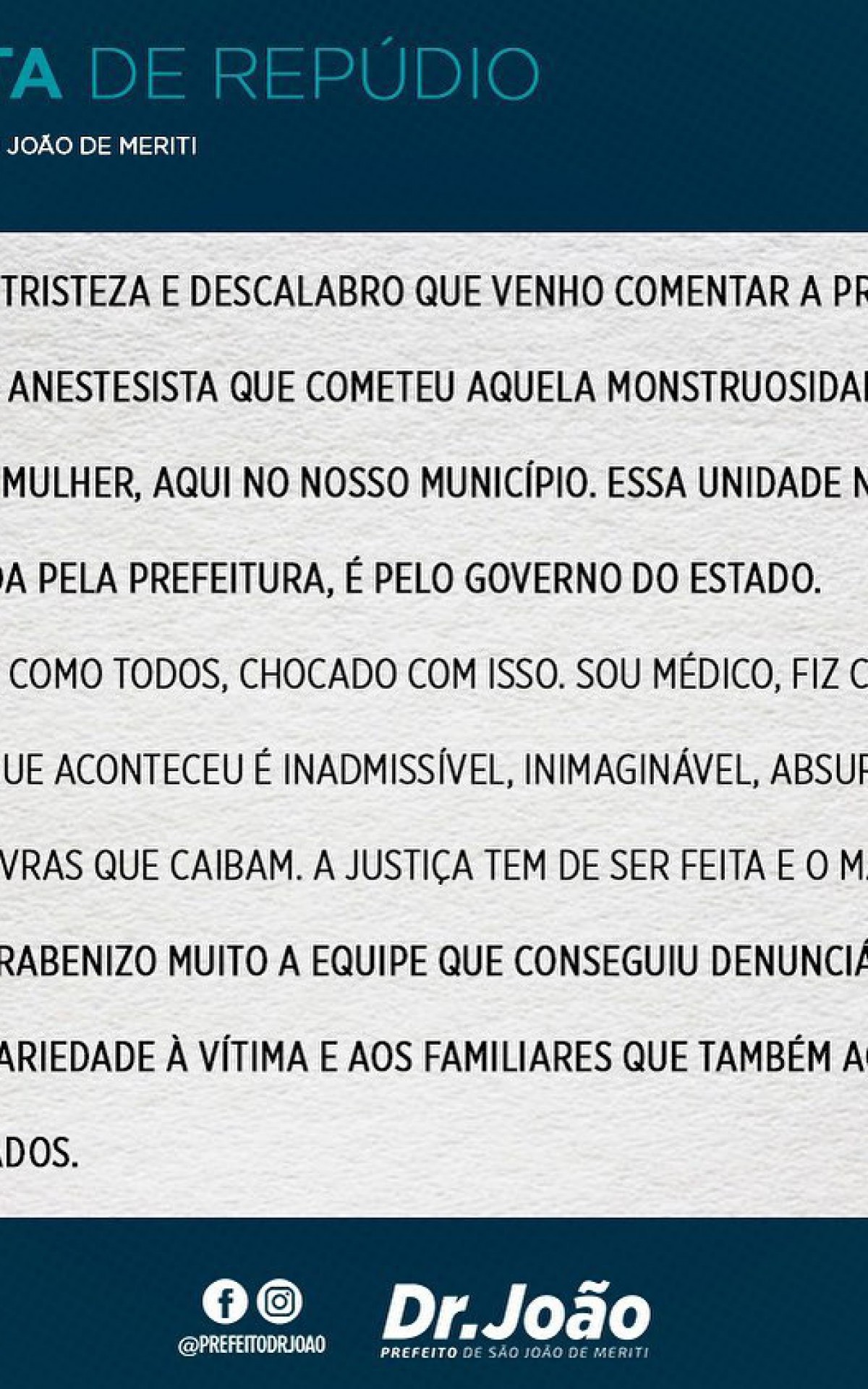Nota de rep&uacute;dio prefeito S&atilde;o Jo&atilde;o de Meriti 