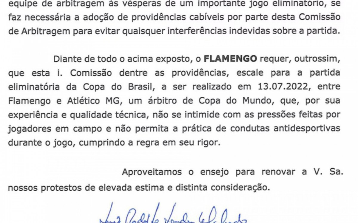 Ofício do Flamengo enviado à CBF