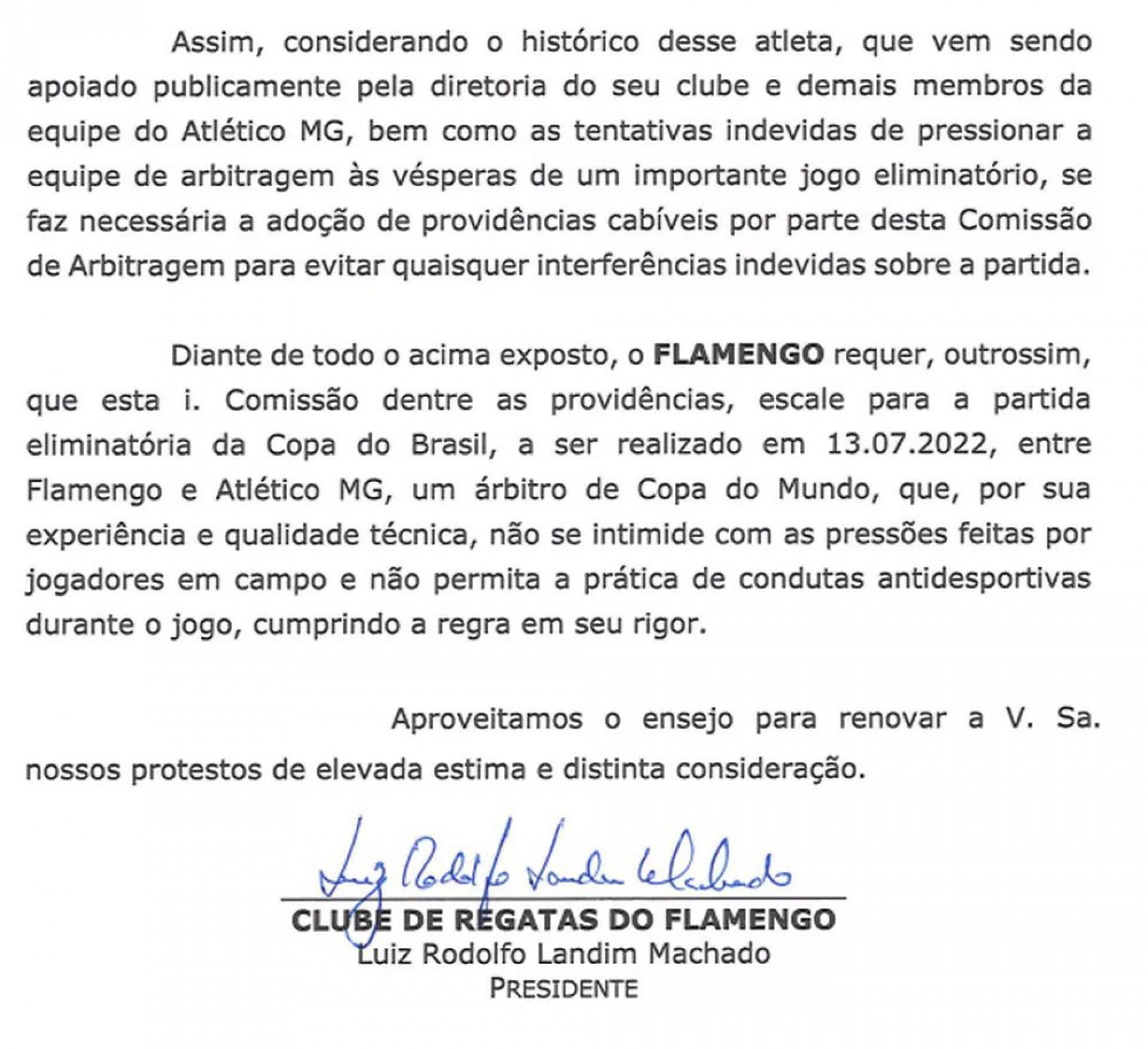 Ofício do Flamengo enviado à CBF - Reprodução