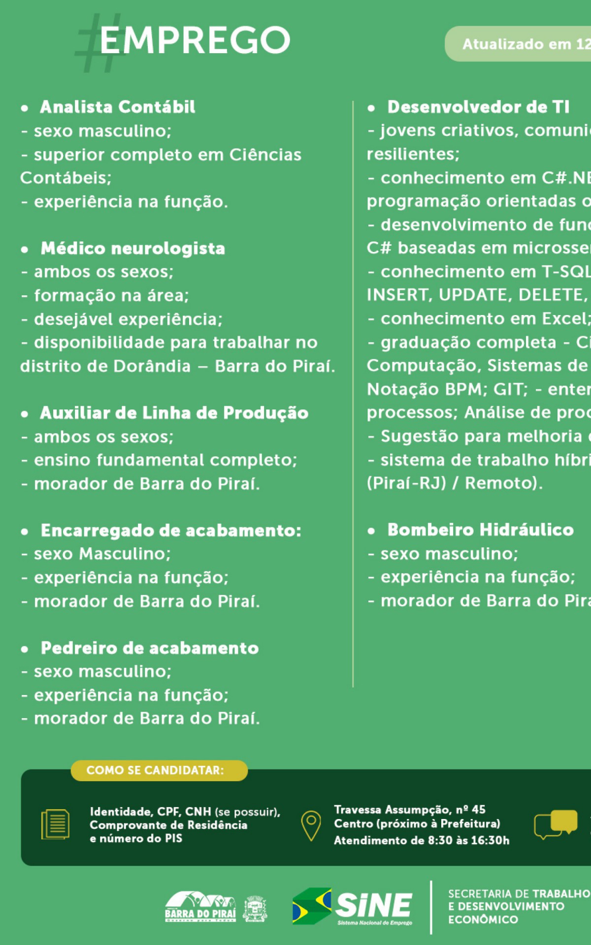 Vagas divulgadas pela prefeitura