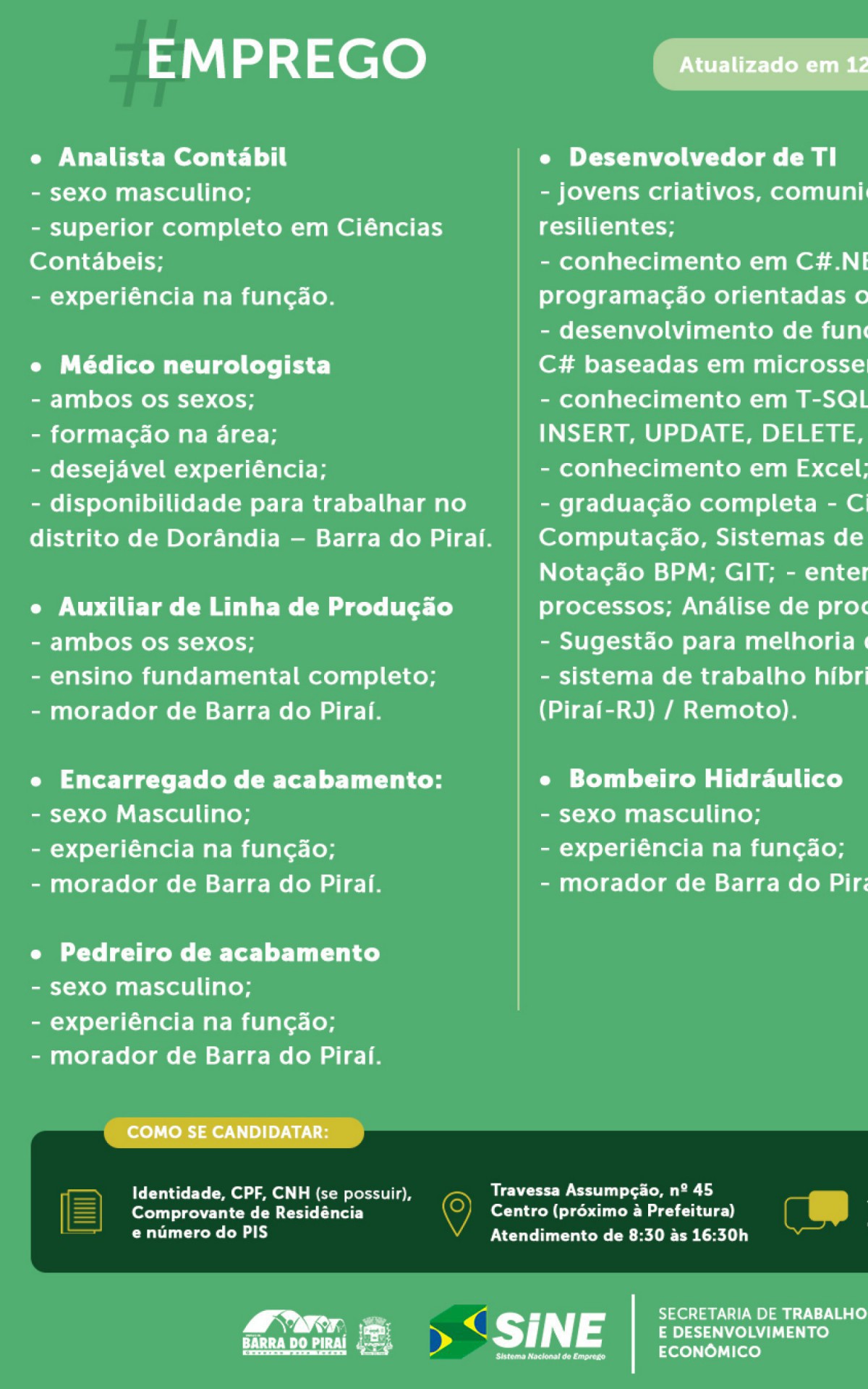 Vagas divulgadas pela prefeitura