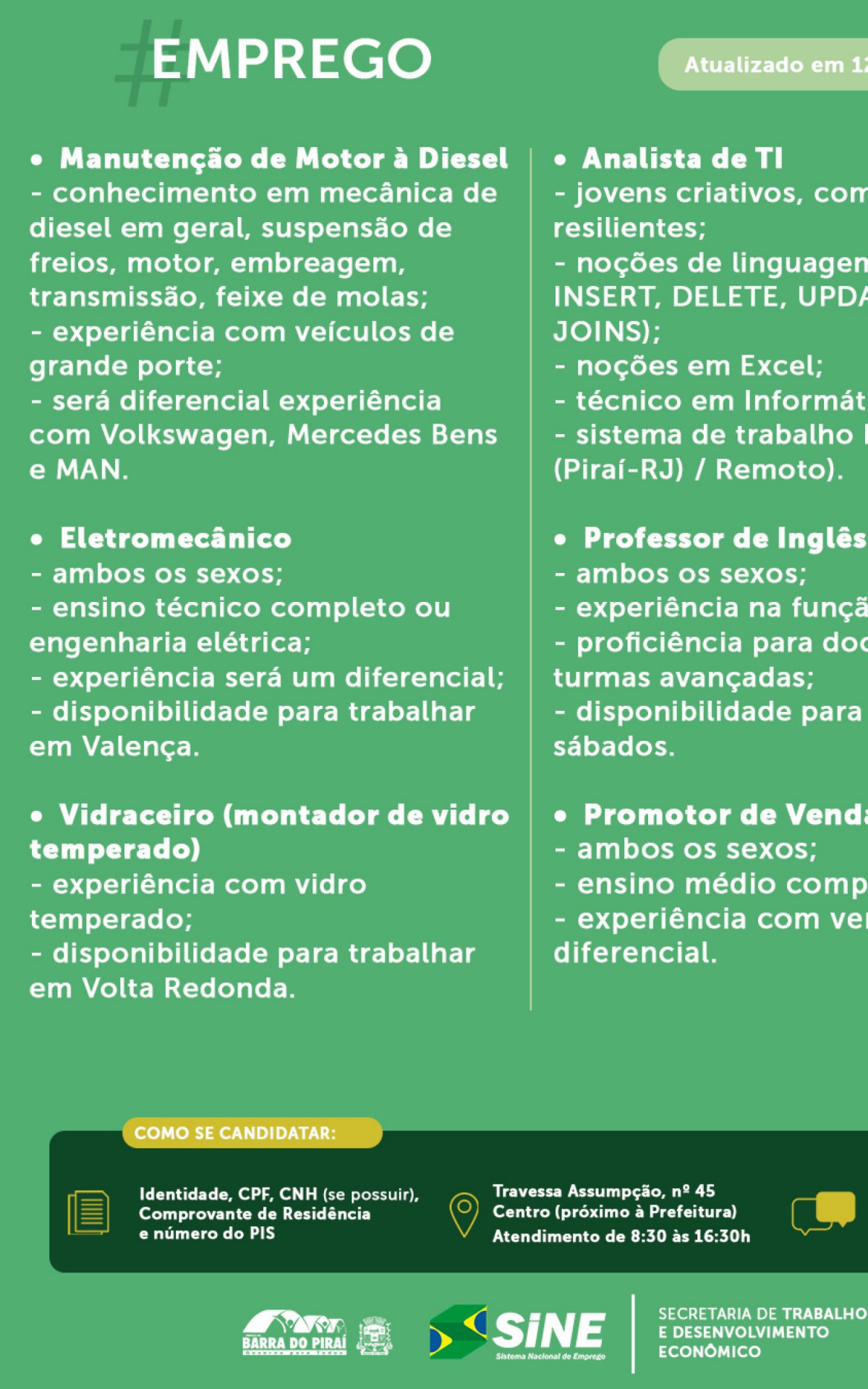 Vagas divulgadas pela prefeitura