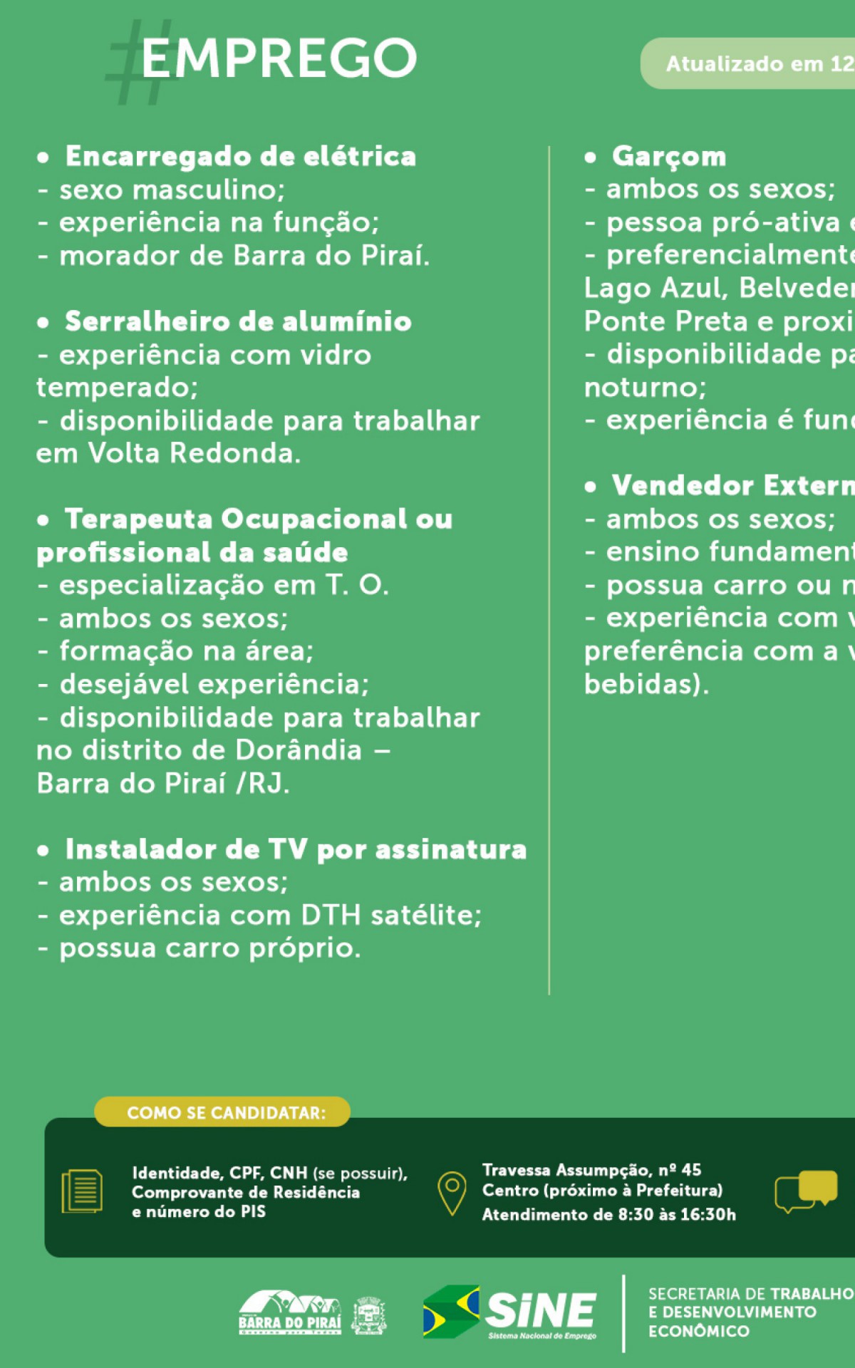 Vagas divulgadas pela prefeitura