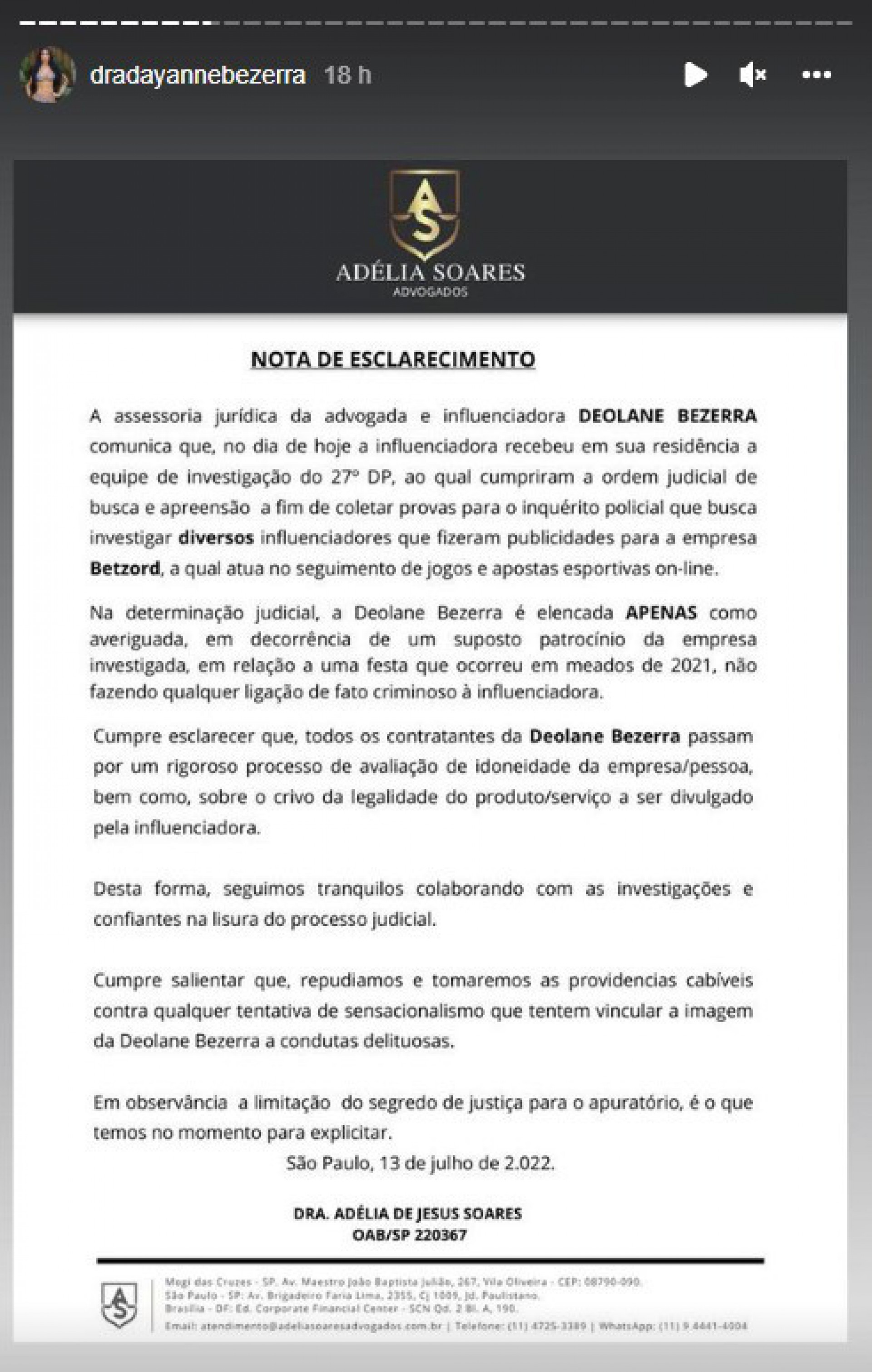 Nota da assessoria jurídica da Deolane Bezerra sobre a investigação - Reprodução