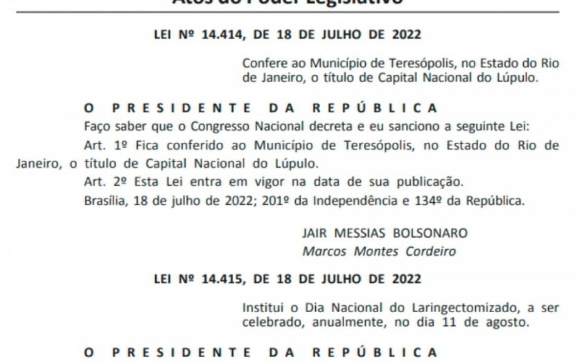Bolsonaro sanciona lei que torna Teresópolis a 'Capital Nacional do Lúpulo