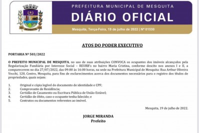 Mesquita promove reunião sobre regularização fundiária no Bairro Maria Cristina nesta quarta (27)