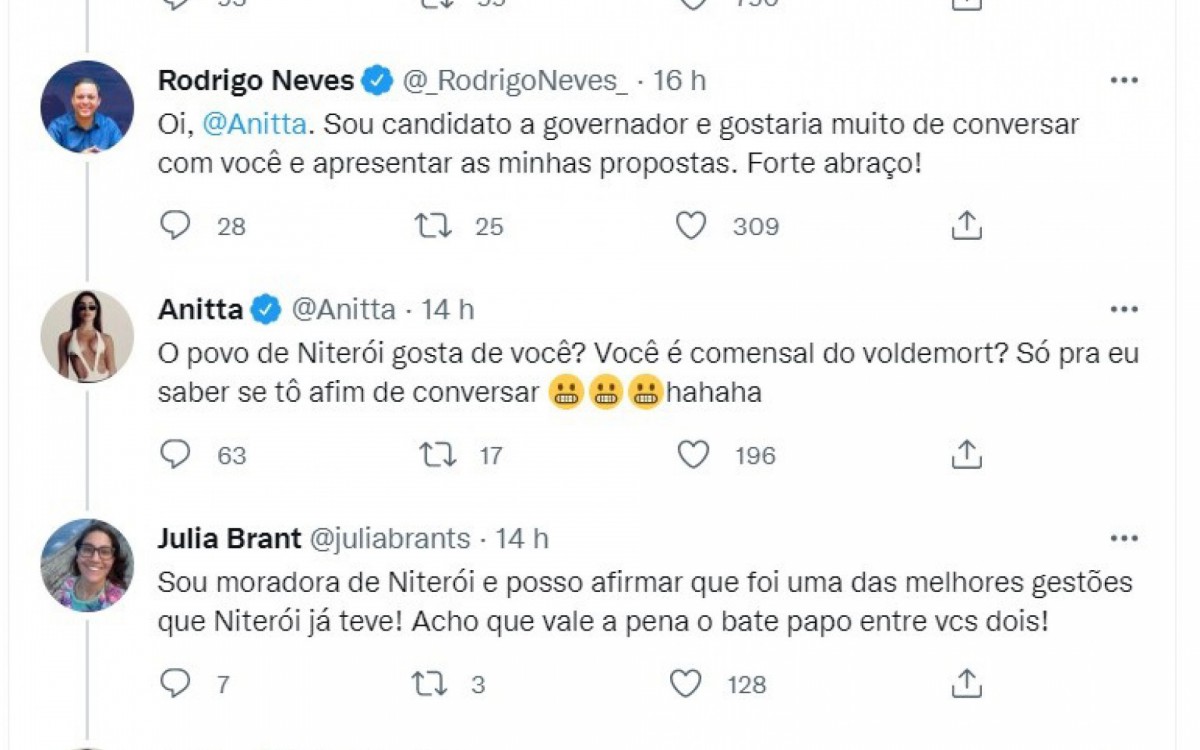 Anitta troca tweets com Rodrigo Neves e seus apoiadores
