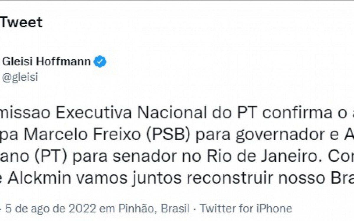 Tweet de Gleisi Hoffmann sobre o apoio do PT &agrave; candidatura de Freixo o governo do Rio
