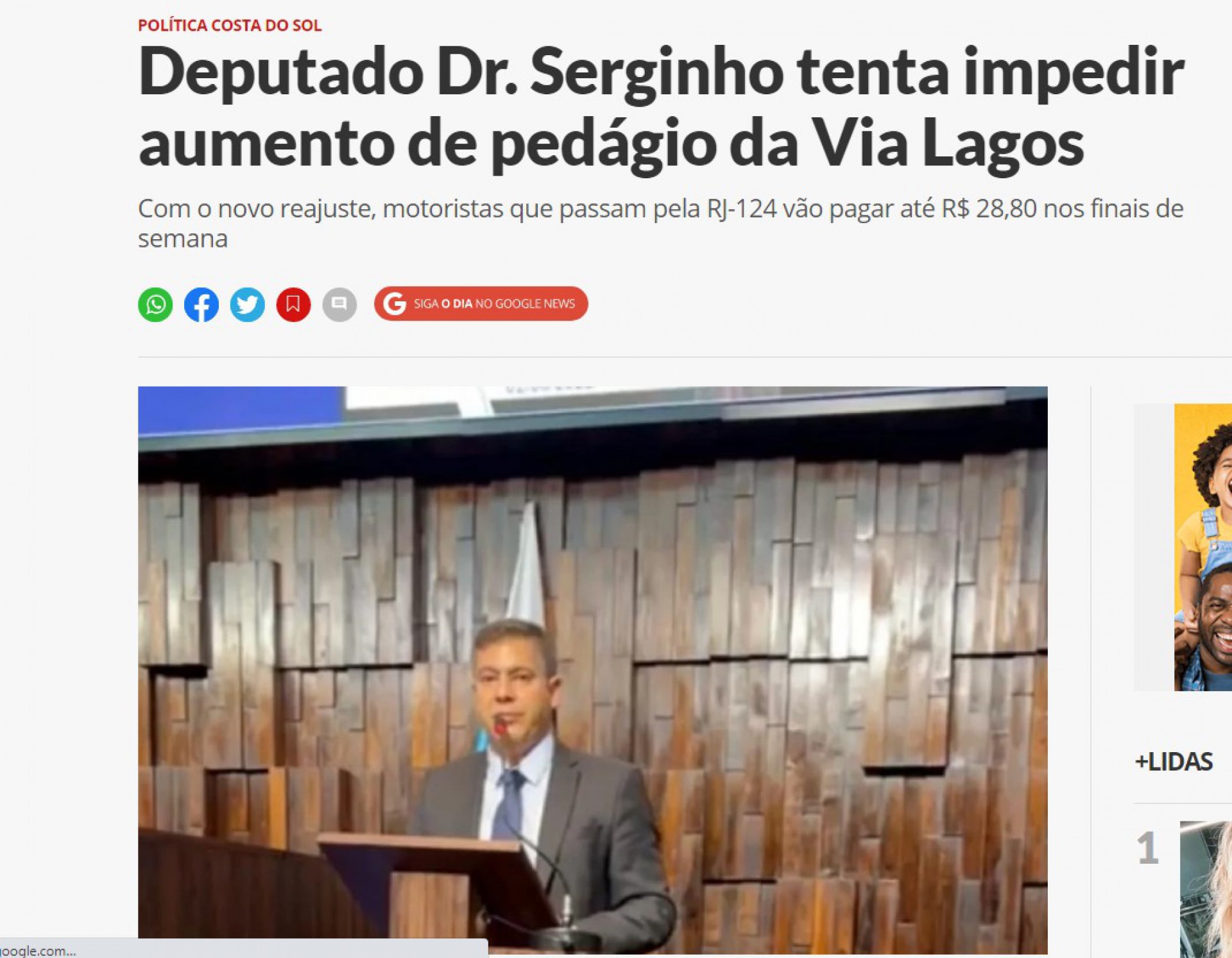 Deputado Dr. Serginho tenta impedir aumento de pedágio da Via Lagos  - Reprodução/ O Dia