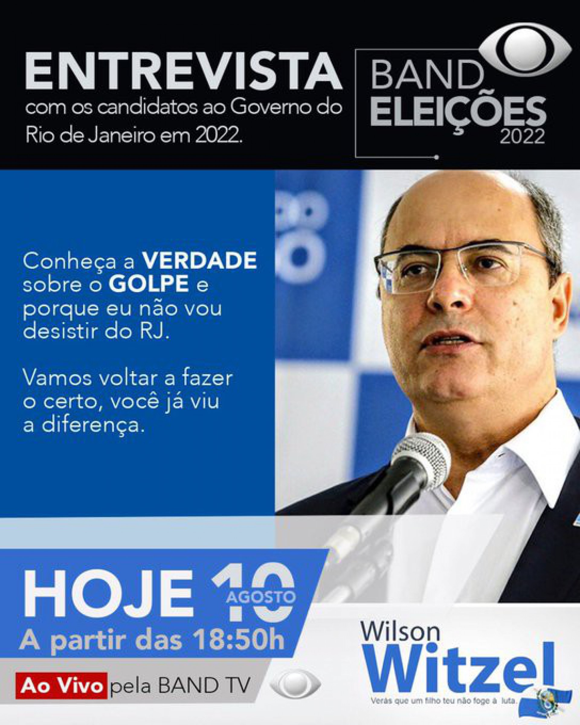 Candidato ao governo do Rio, Wilson Witzel faz publicação em suas redes sociais sobre a entrevista que dará à BandTV - Divulgação / Redes Sociais