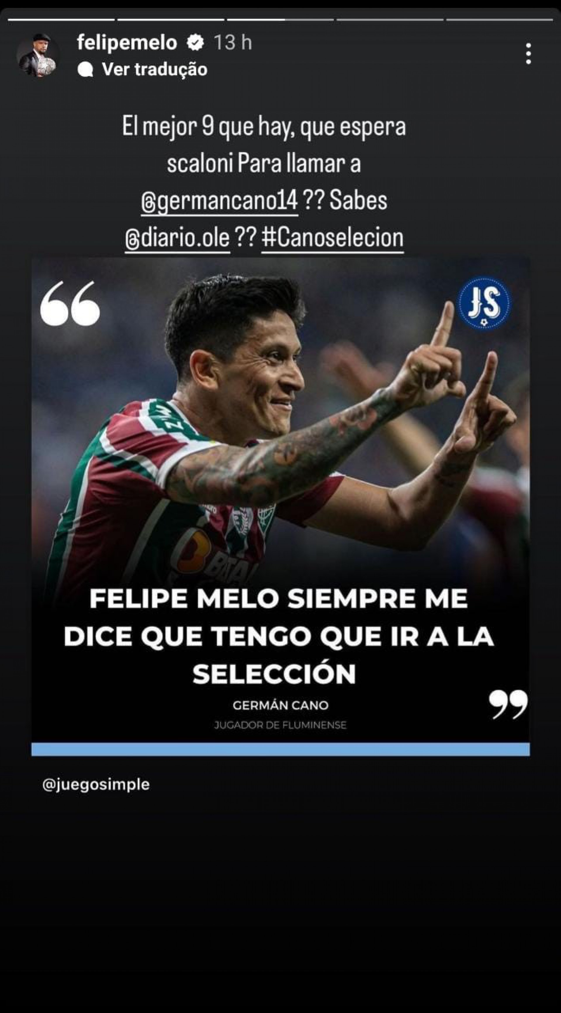 Comentário de Felipe Melo sobre Cano na seleção da Argentina - Reprodução/Instagram  Felipe Melo
