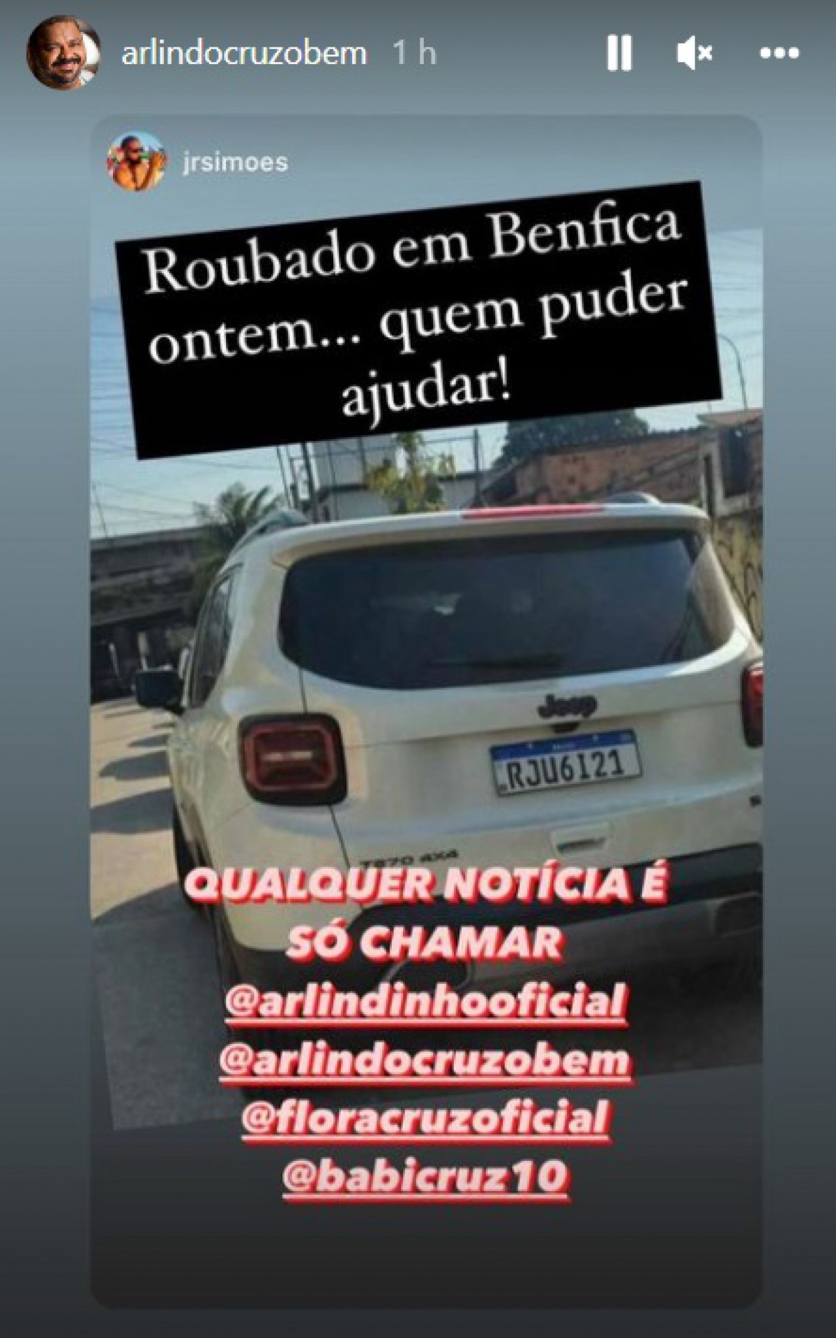 Perfil de Arlindo Cruz pede ajuda nos Stories para recuperar carro que foi roubado na Rua Itapuã, em Benfica, na noite desta quarta-feira - Reprodução Internet