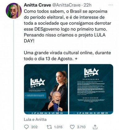 'Luladay' é criado por fãs de Anitta e ganha força no Twitter - Divulgação / Redes Sociais