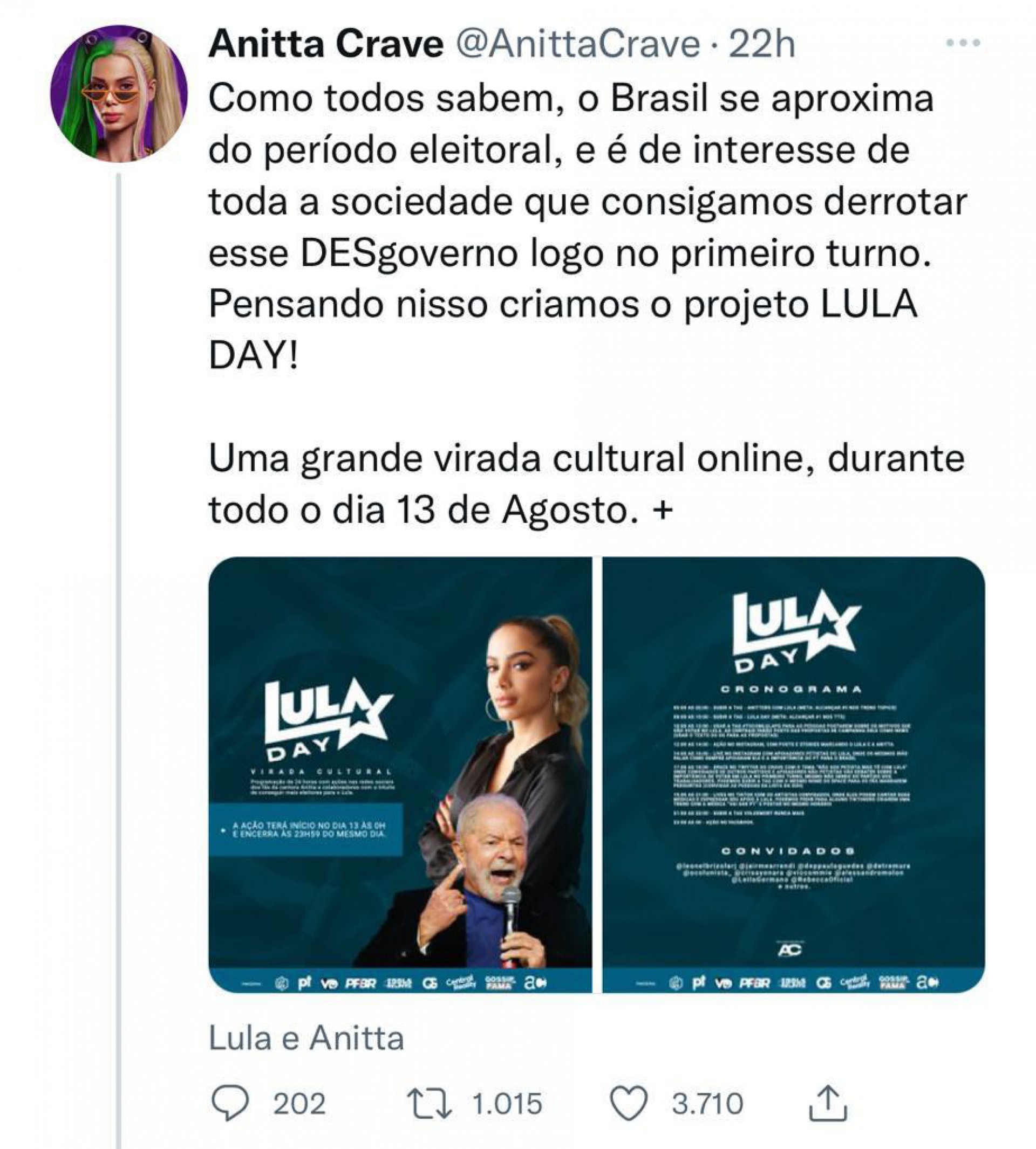 'Luladay' é criado por fãs de Anitta e ganha força no Twitter