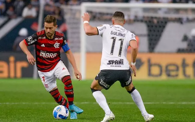 Everton Ribeiro e Giuliano no duelo entre Flamengo e Corinthians