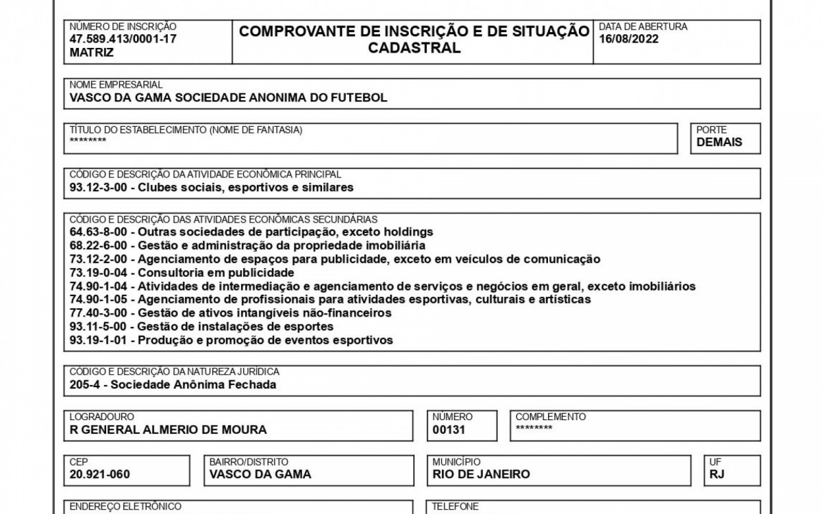 Documento da Vasco SAF