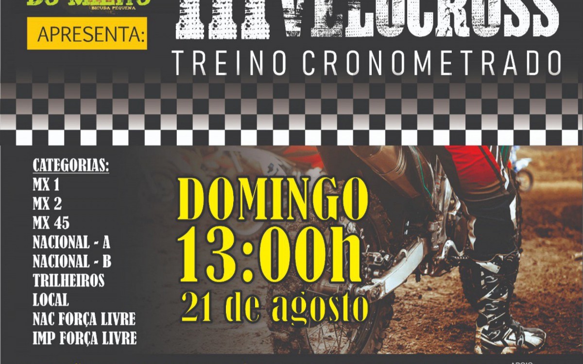 No domingo (21), &agrave;s 13h, acontece o terceiro Circuito de Velocross - pista de pequeno porte -, nas categorias: MX 1; MX 2; MX 45; Nacional &ndash; A; Nacional &ndash; B; Trilheiros; Local; Nac For&ccedil;a Livre; IMP For&ccedil;a Livre. A a&ccedil;&atilde;o vai contar com premia&ccedil;&atilde;o em dinheiro e trof&eacute;u para os primeiros colocados