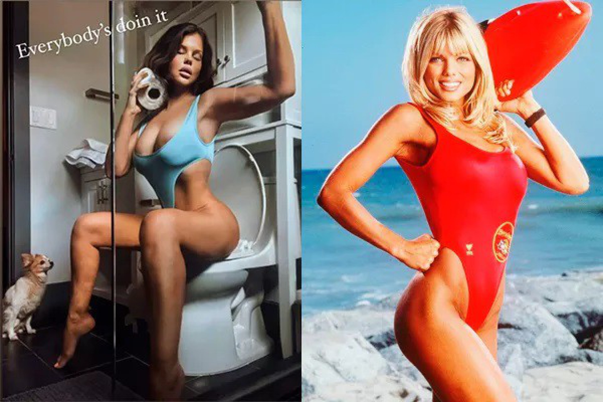 Donna D'Errico em foto atual e, ao lado, em 'SOS Malibu' - Reprodução Internet