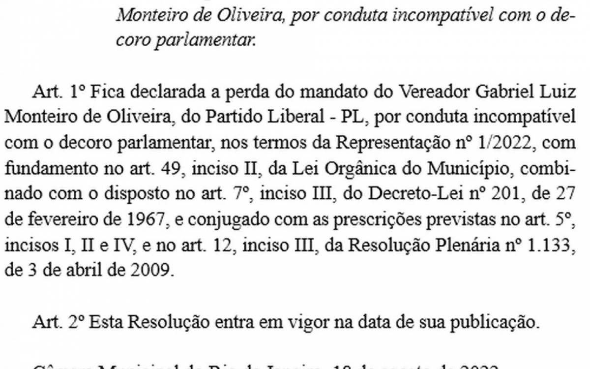 O Di&aacute;rio Oficial da C&acirc;mara de Vereadores do Rio oficializa a perda do mandato de Gabriel Monteiro por quebra de decoro parlamentar