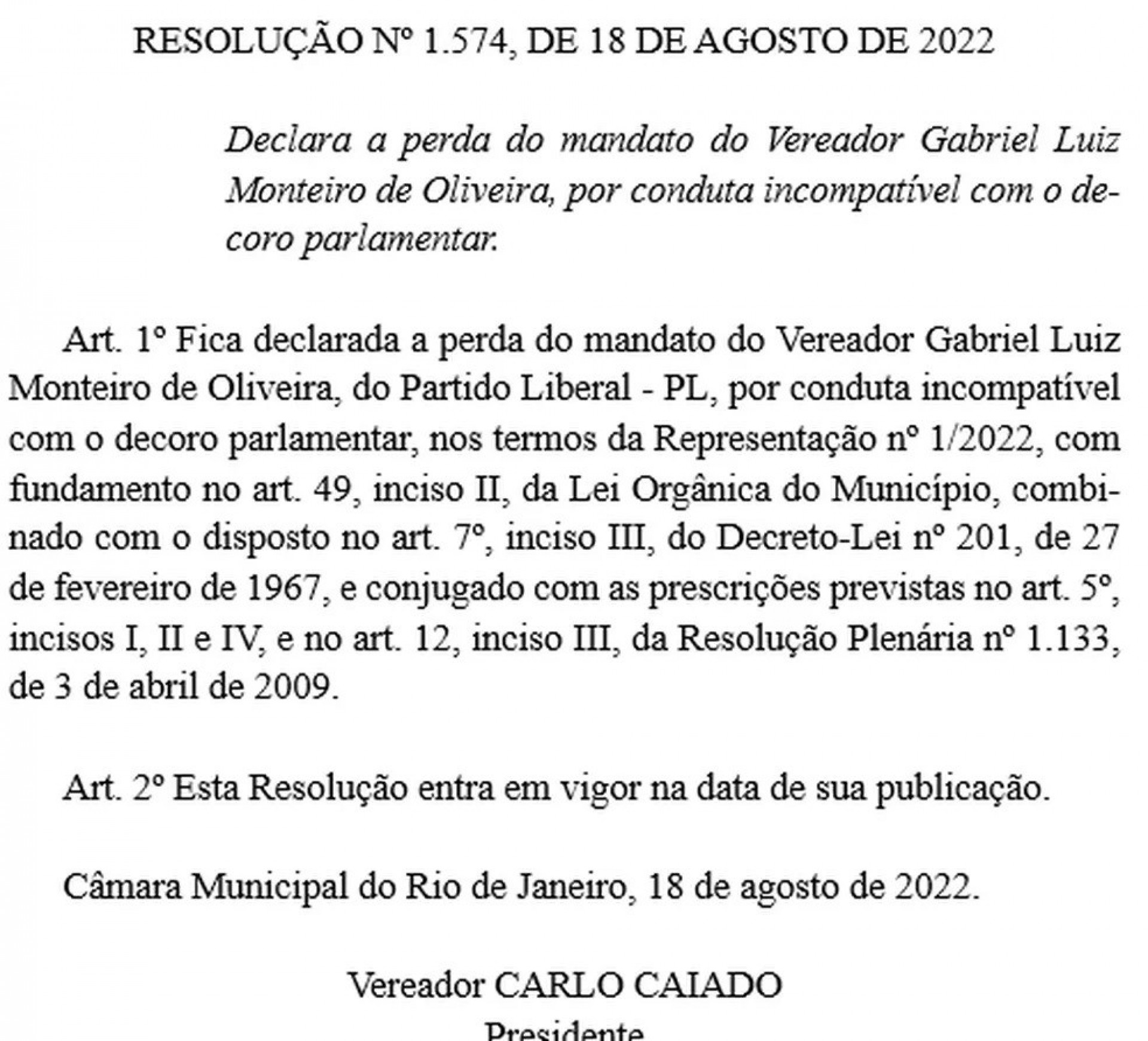 O Diário Oficial da Câmara de Vereadores do Rio oficializa a perda do mandato de Gabriel Monteiro por quebra de decoro parlamentar - Reprodução