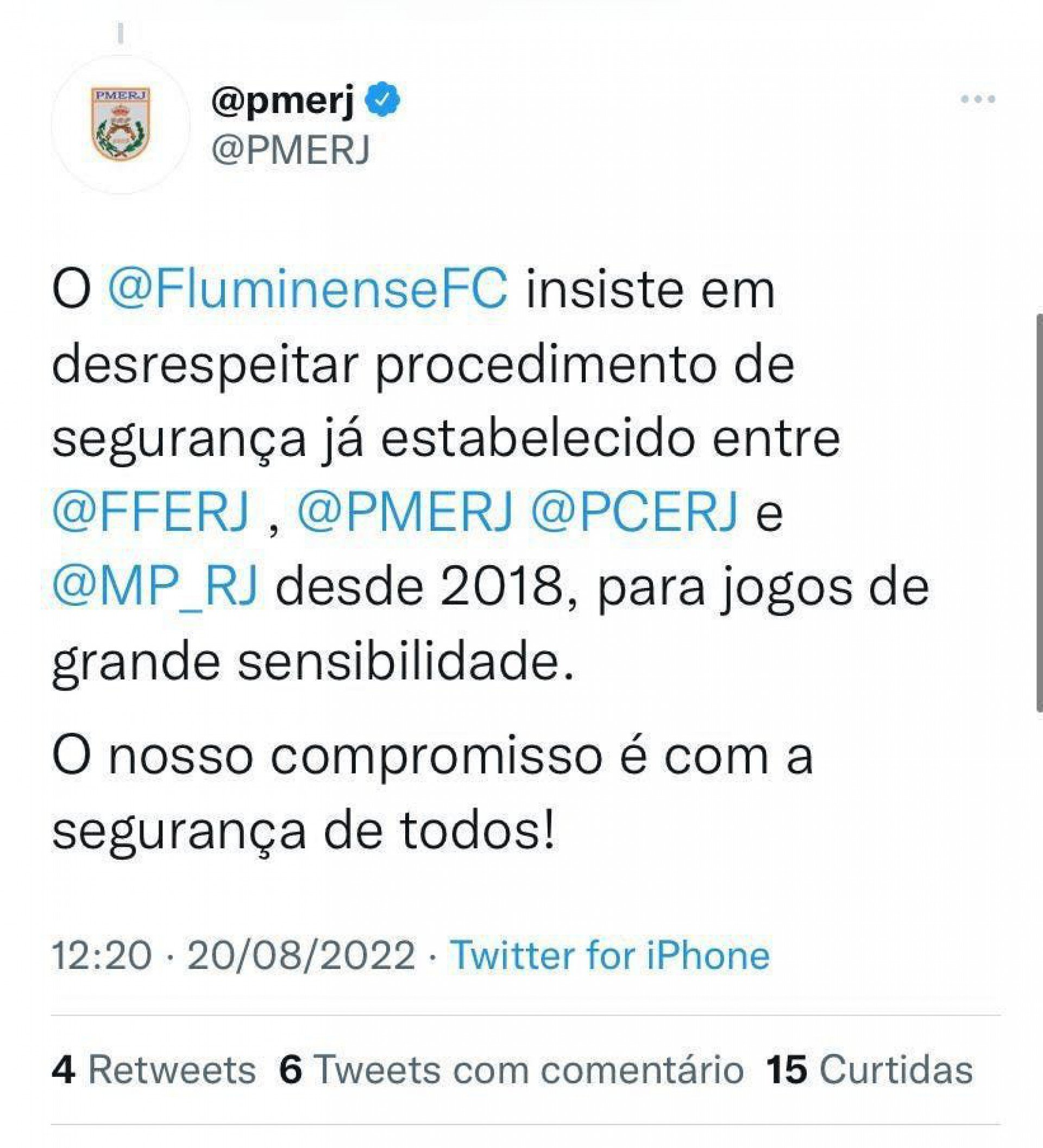 PM critica nota do Fluminense nas redes sociais e apaga - Foto: Reprodução/Twitter