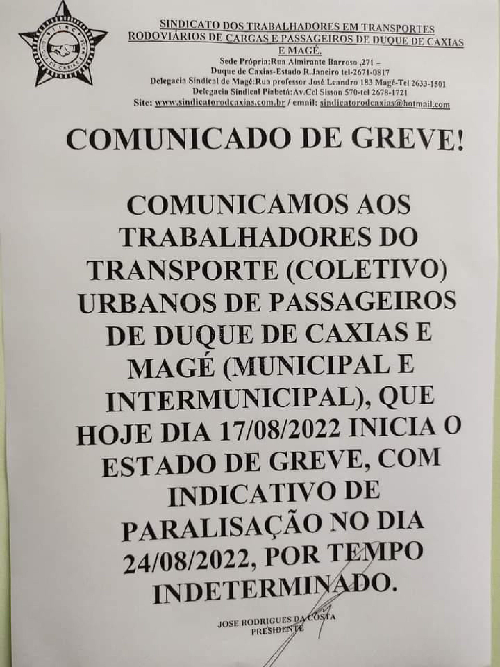 Comunicado dos Rodoviários informava para paralisação nesta quarta-feira (24), em Caxias - Reprodução