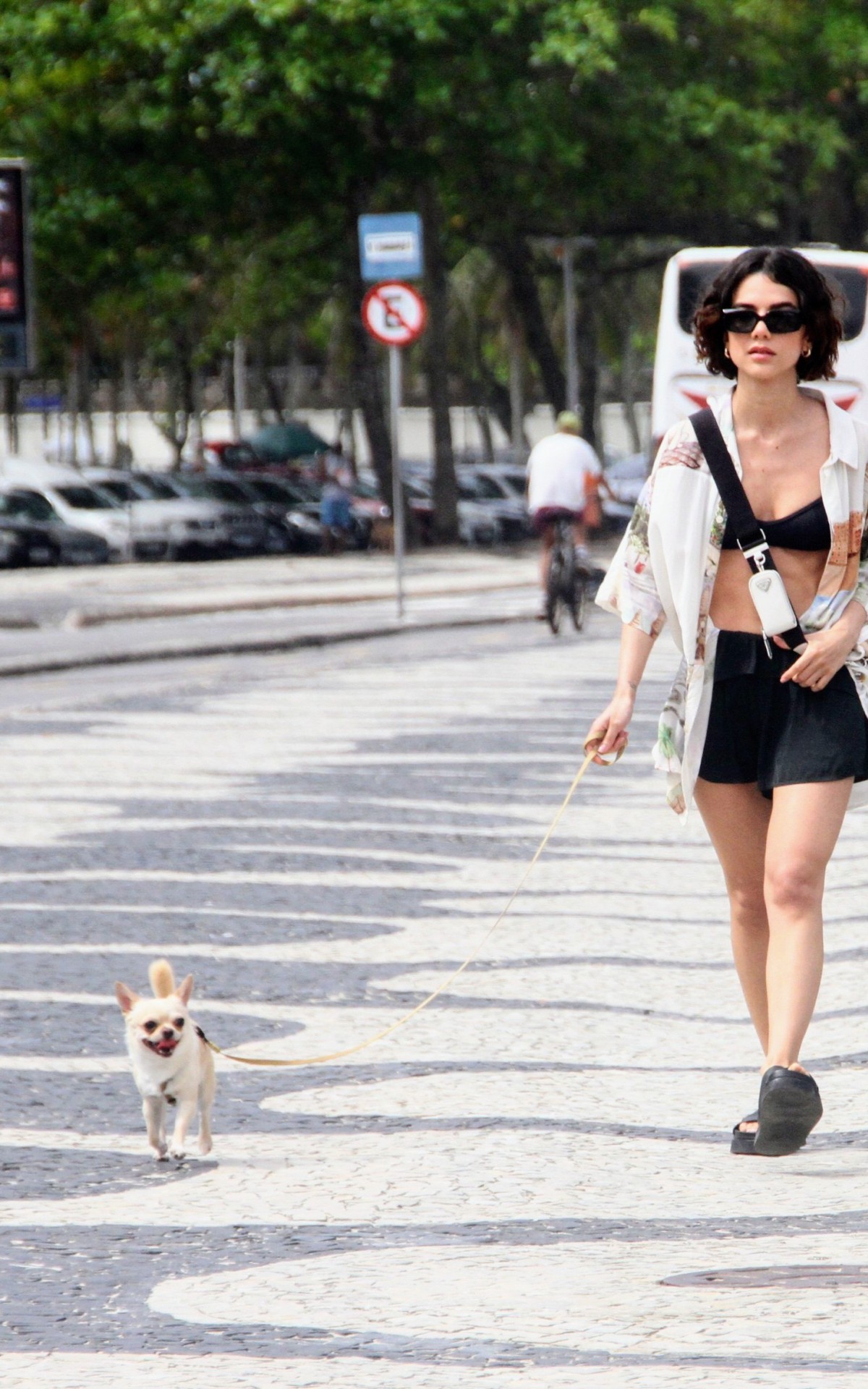 Manu Gavassi caminha com seu cachorrinho na Zona Sul do Rio