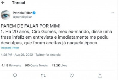 A atriz Patrícia Pillar se pronuncia no Twitter após insinuação de Bolsonaro sobre fala machista de seu ex-marido, Ciro Gomes. - Divulgação / Redes Sociais