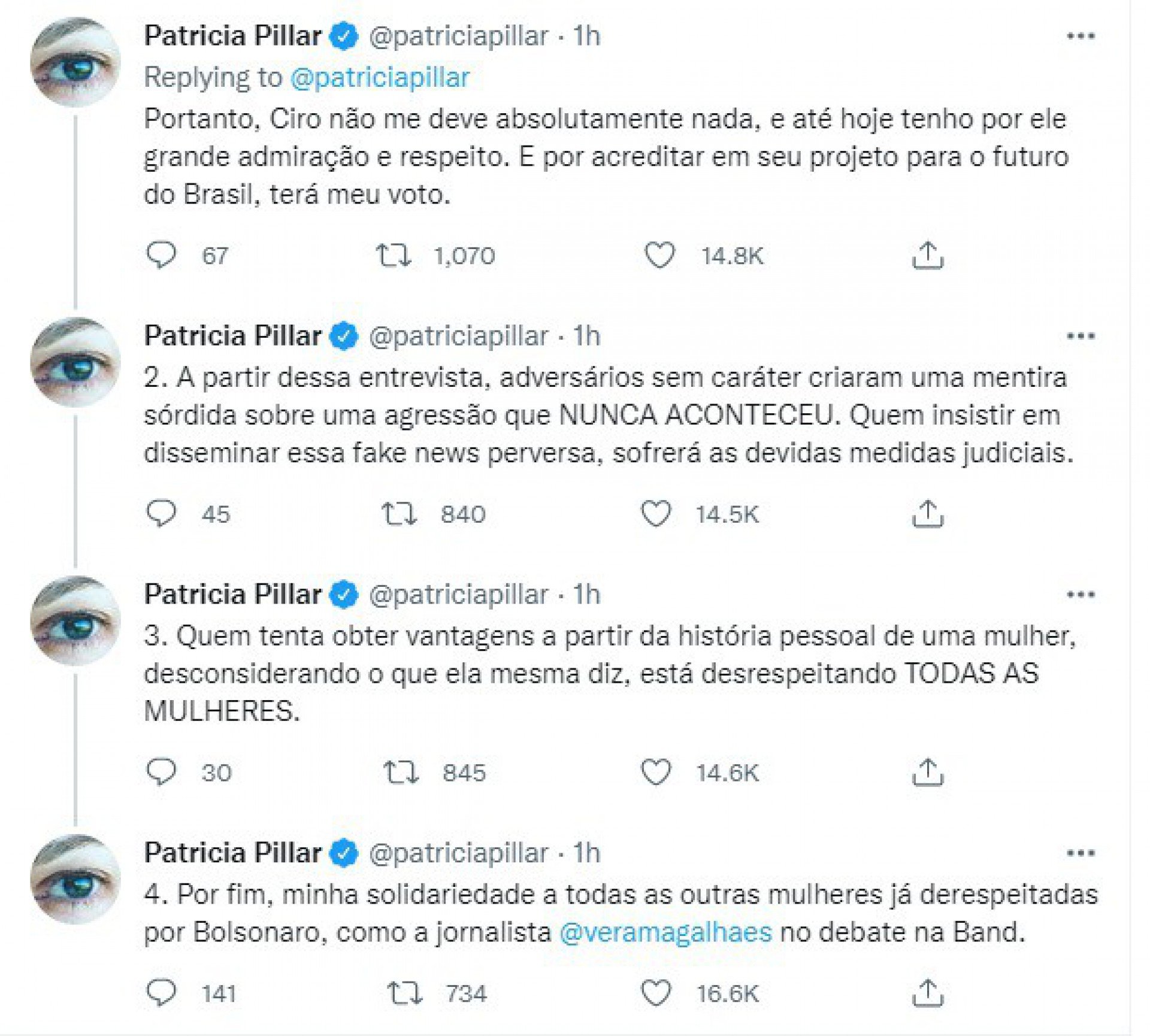 Em defesa de Ciro, Patrícia Pillar faz uma thread no Twitter após o presidente Jair Bolsonaro, mencioná-la, indiretamente, no debate na Band. - Divulgação / Redes Sociais