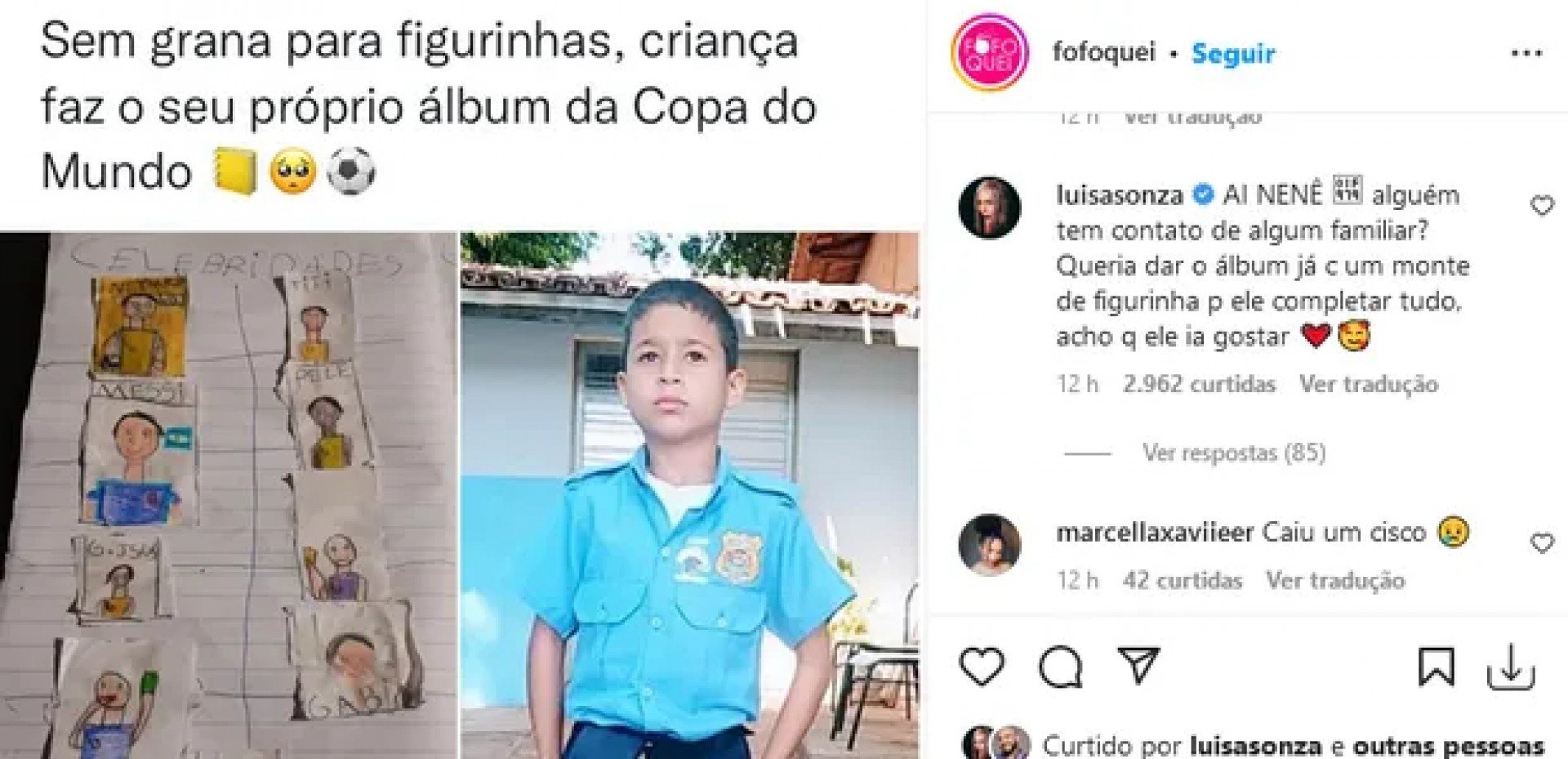 Luisa Sonza faz comentário buscando doar um álbum da Copa para garotinho - Reprodução Internet