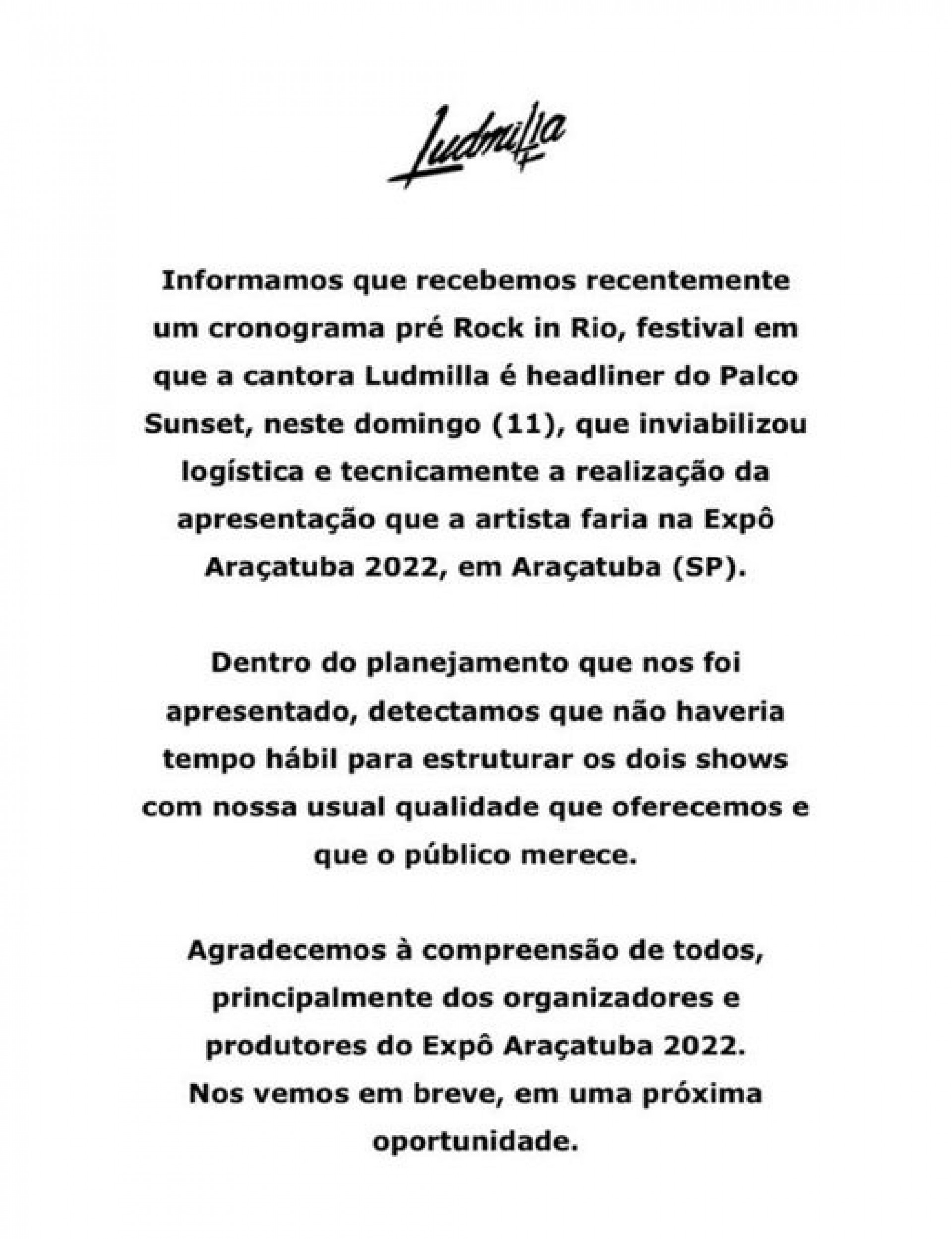Ludmilla faz comunicado e cancela show em Araçatuba na véspera - Reprodução Internet