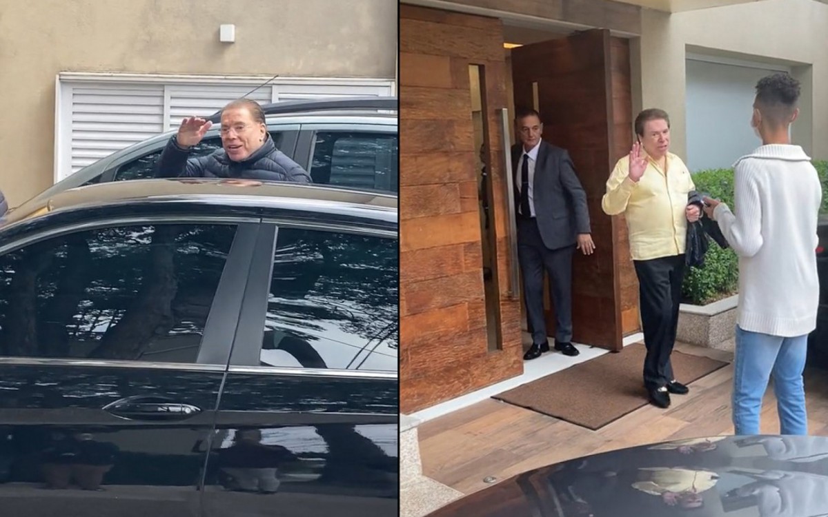 Fotomontagem: do lado esquerdo, Silvio Santos chega ao salão do Jassa e cumprimenta sorridente os fãs; do lado direito, ele deixa o lado sem tirar fotos com o público que o aguardava - Divulgação