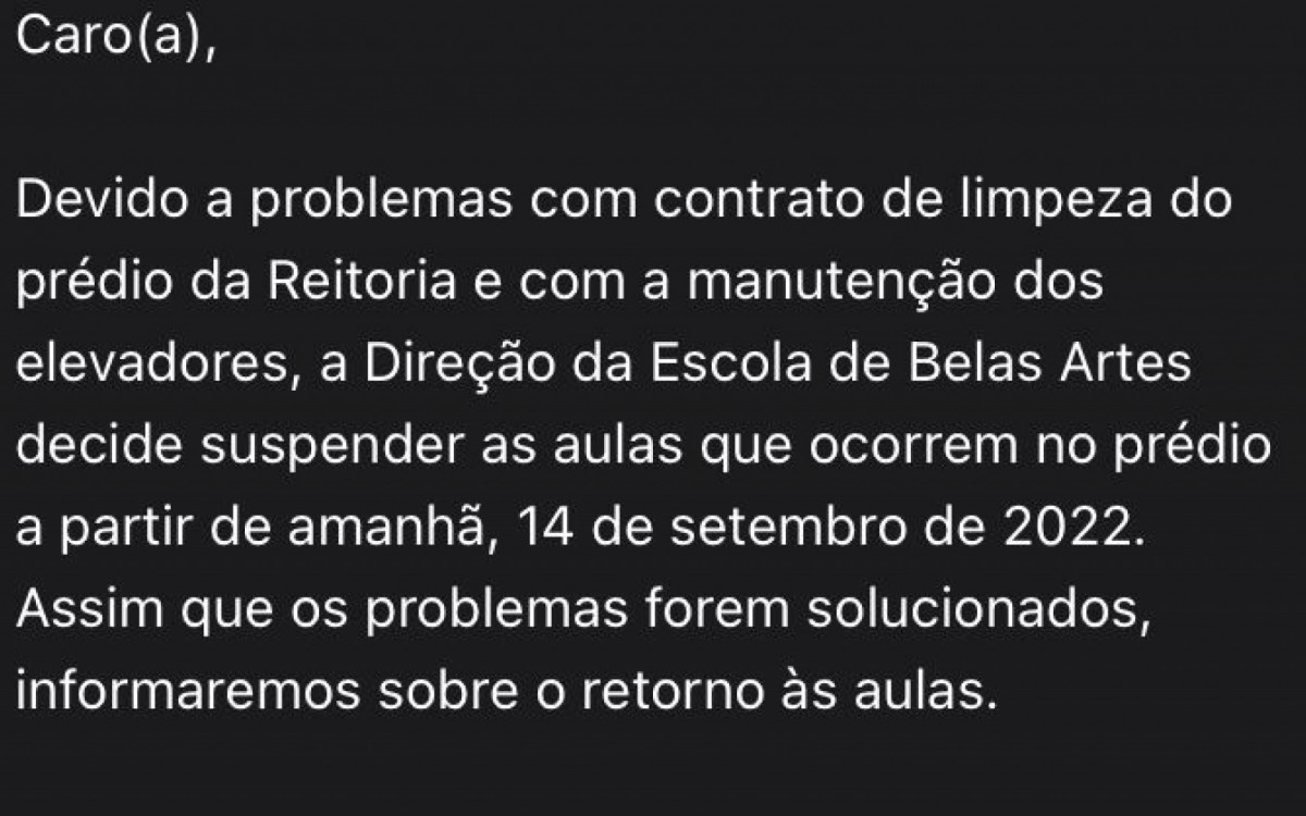 Alunos da EBA receberam aviso de cancelamento das aulas com um dia de anteced&ecirc;ncia