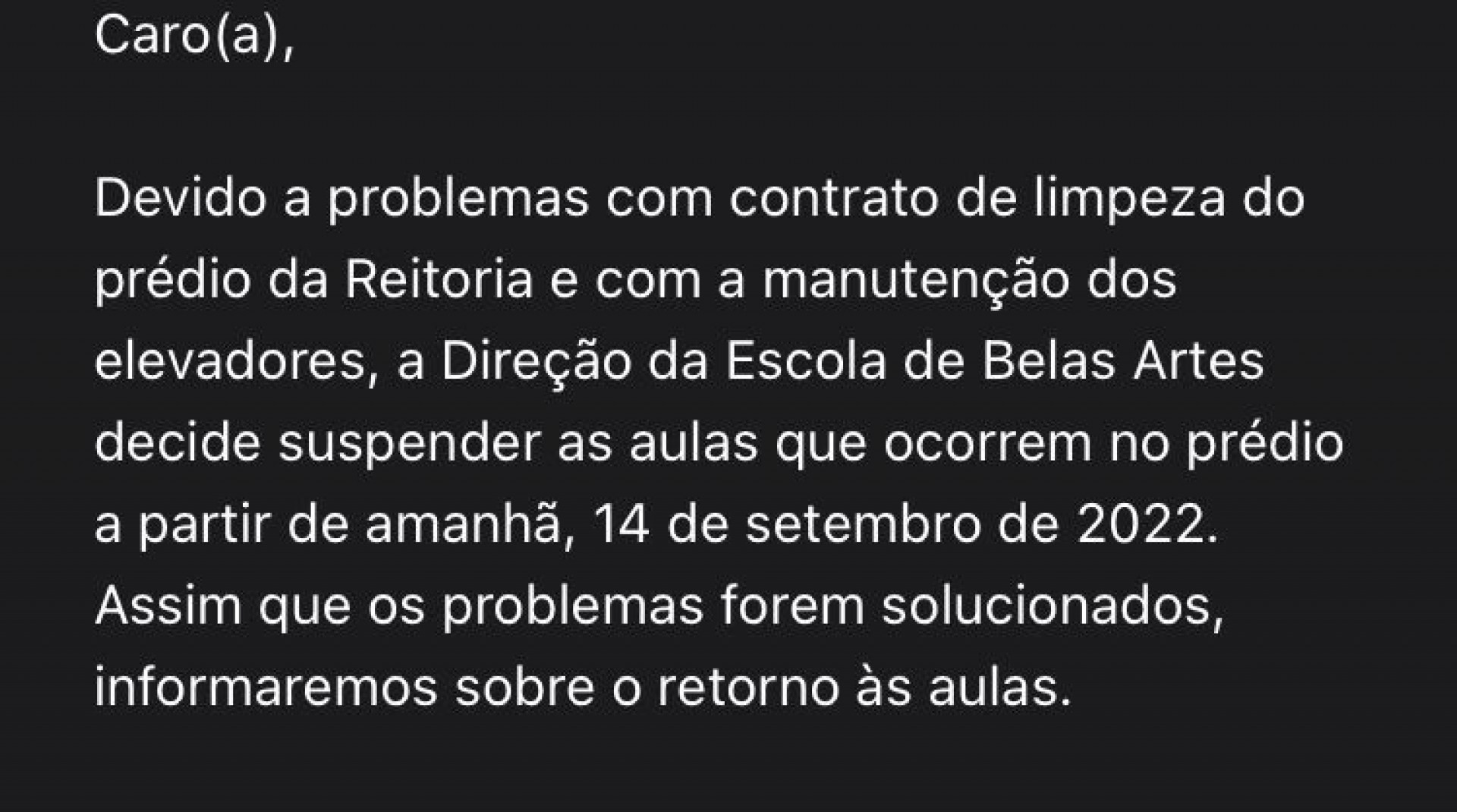 Alunos da EBA receberam aviso de cancelamento das aulas com um dia de anteced&ecirc;ncia - Divulga&ccedil;&atilde;o