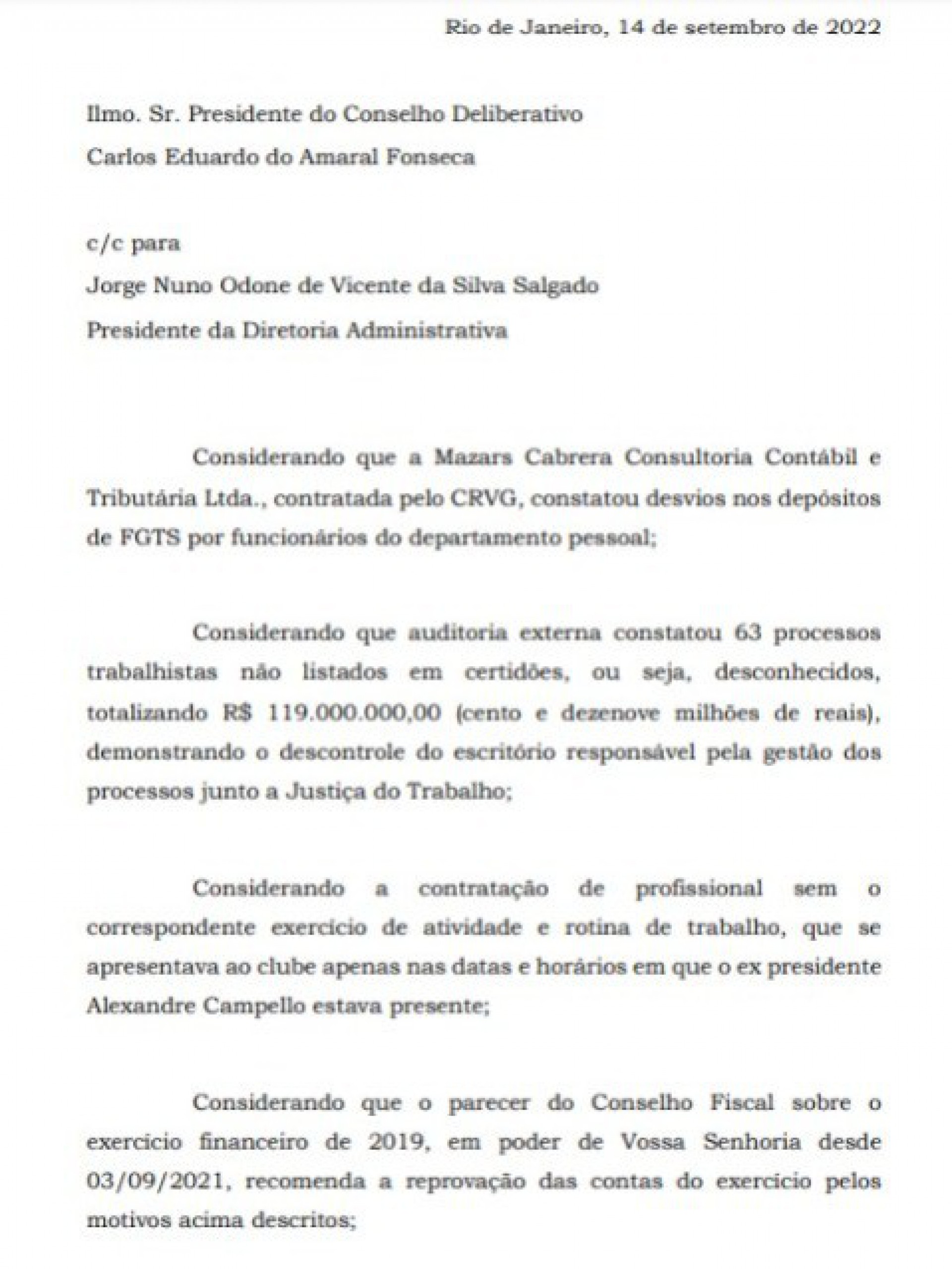 Ofício dos conselheiros do Vasco cobrando explicações - Reprodução
