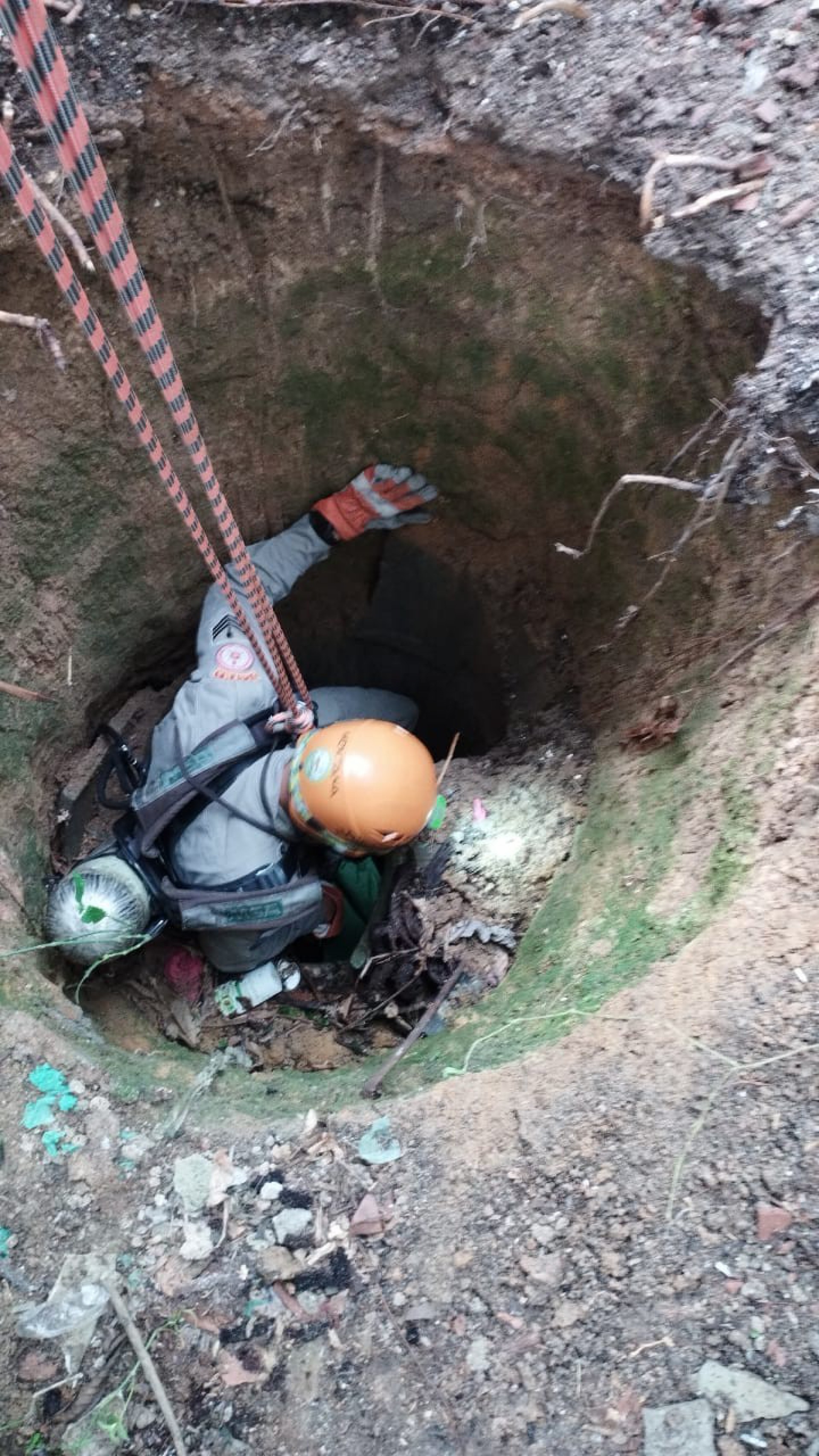 Bombeiros resgatam cachorro que havia caído em poço artesiano, em Magé