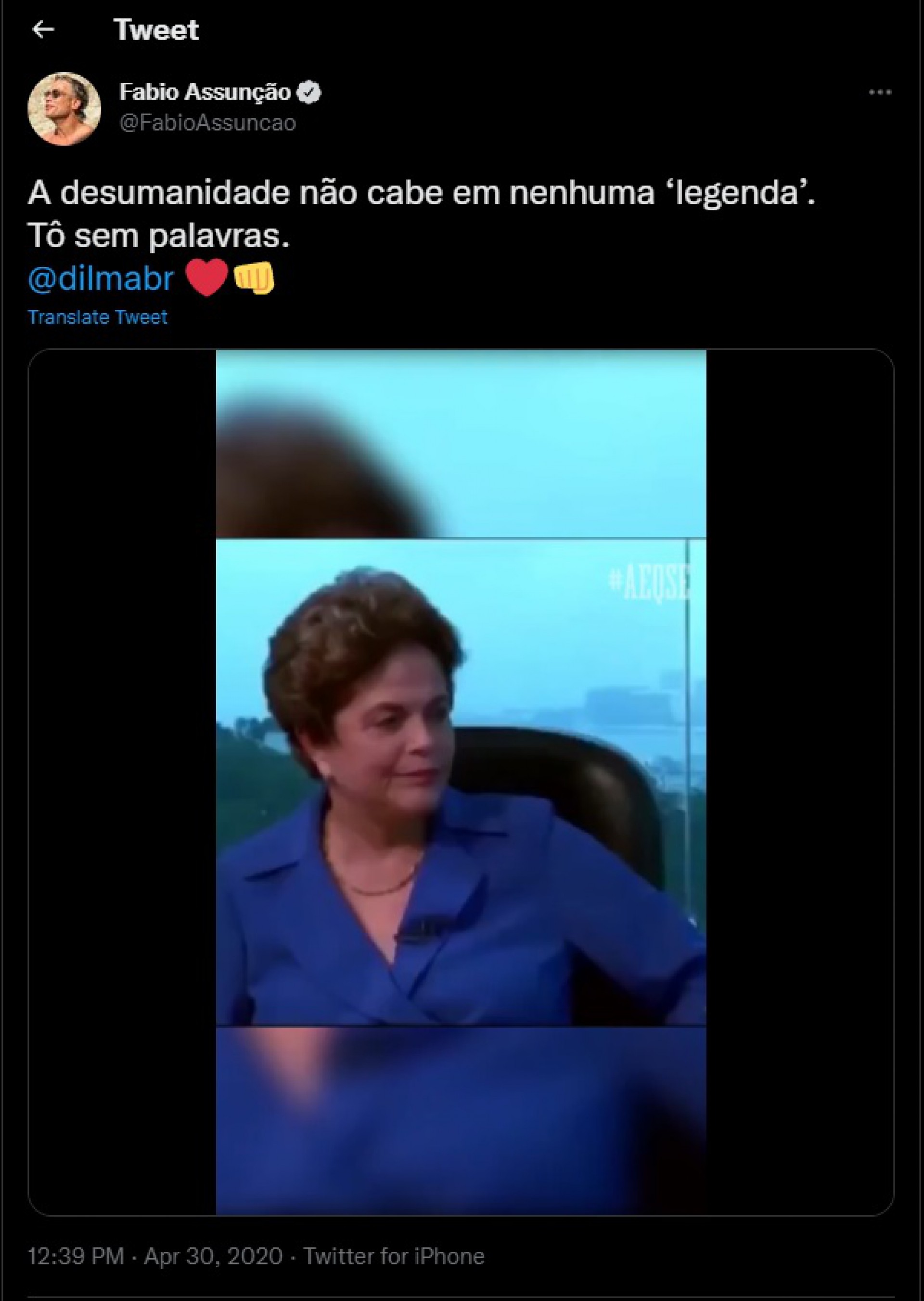 Tuíte de Fabio Assunção em apoio a Dilma Rousseff