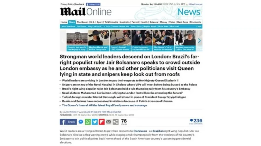 Daily Mail repercute falas de Bolsonaro em Londres
 - Reprodução