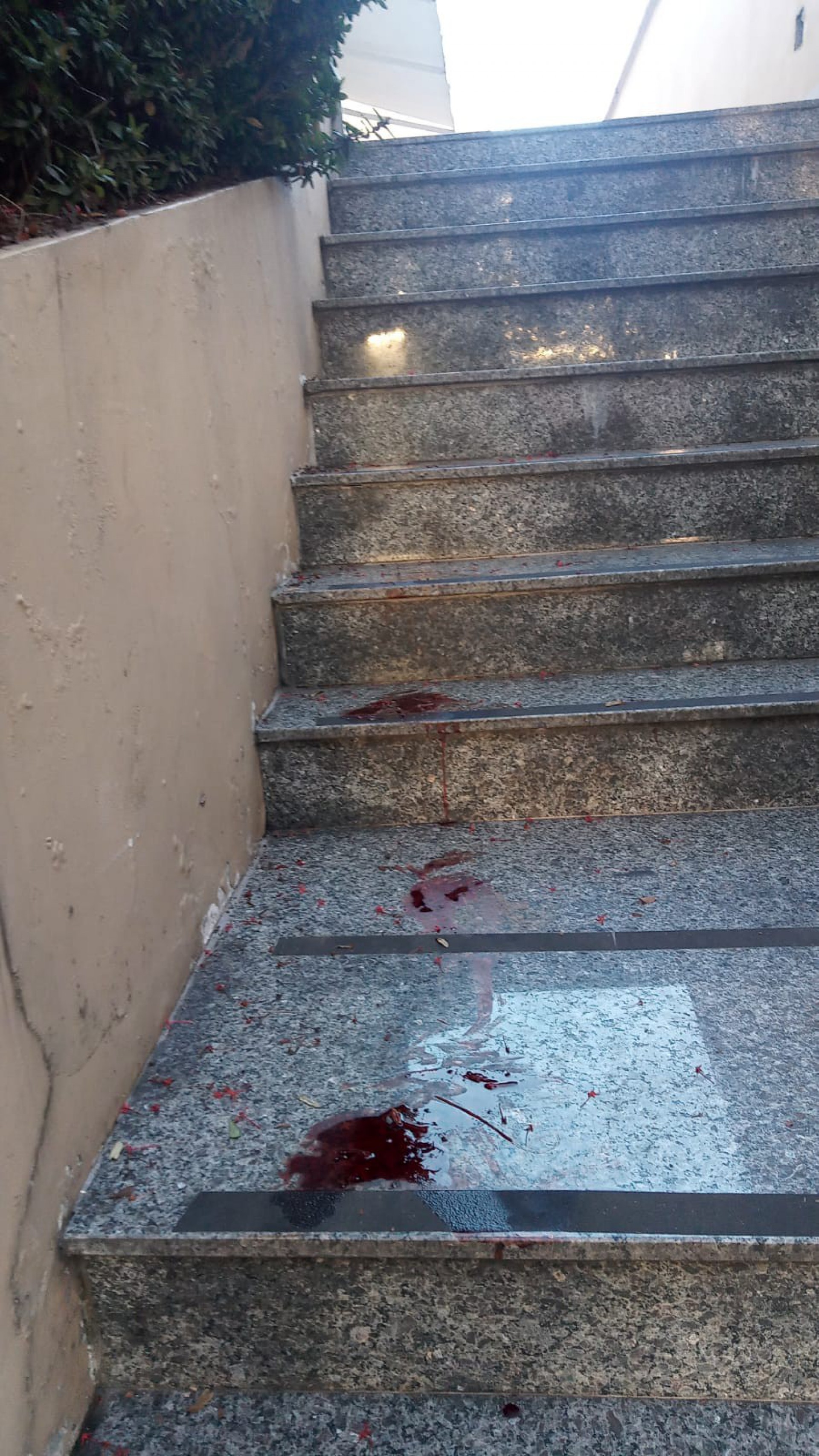 Manchas de sangue deixadas por um dos suspeitos no pátio do prédio - Divulgação
