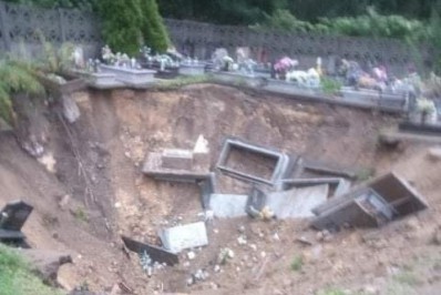 Cratera se abre em cemitério na Polônia e 'engole' dezenas de túmulos